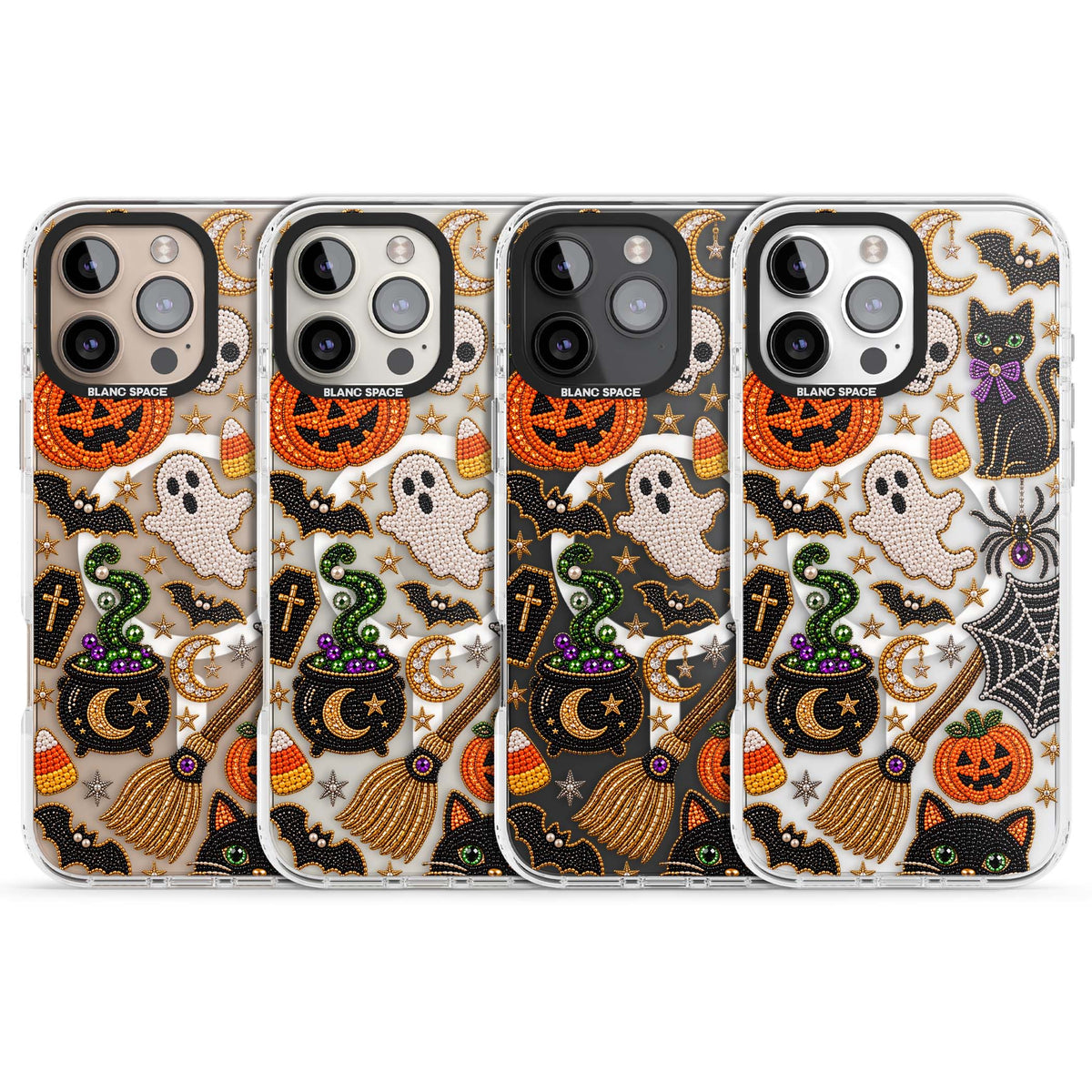 Beaded Halloween Halloween iPhone case featuring beaded pumpkins, ghosts, black cats and bats | Impact Magsafe case for iPhone 16 Pro, iPhone 16 Pro Max