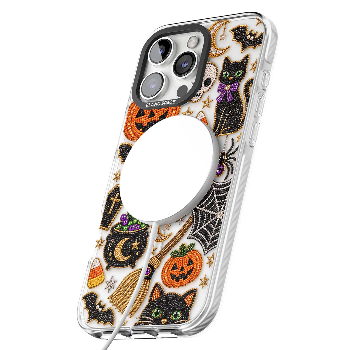 Beaded Halloween Halloween iPhone case featuring beaded pumpkins, ghosts, black cats and bats | Impact Magsafe case for iPhone 16 Pro, iPhone 16 Pro Max