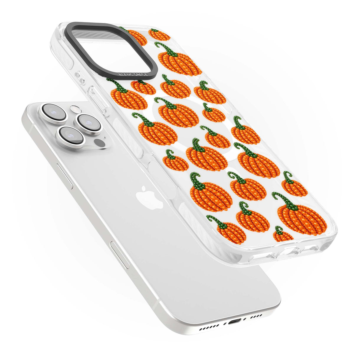 Beaded Pumpkins halloween iPhone case featuring beaded orange pumpkins with green stems on a clear background | Impact Magsafe case for iPhone 16 Pro, iPhone 16 Pro Max