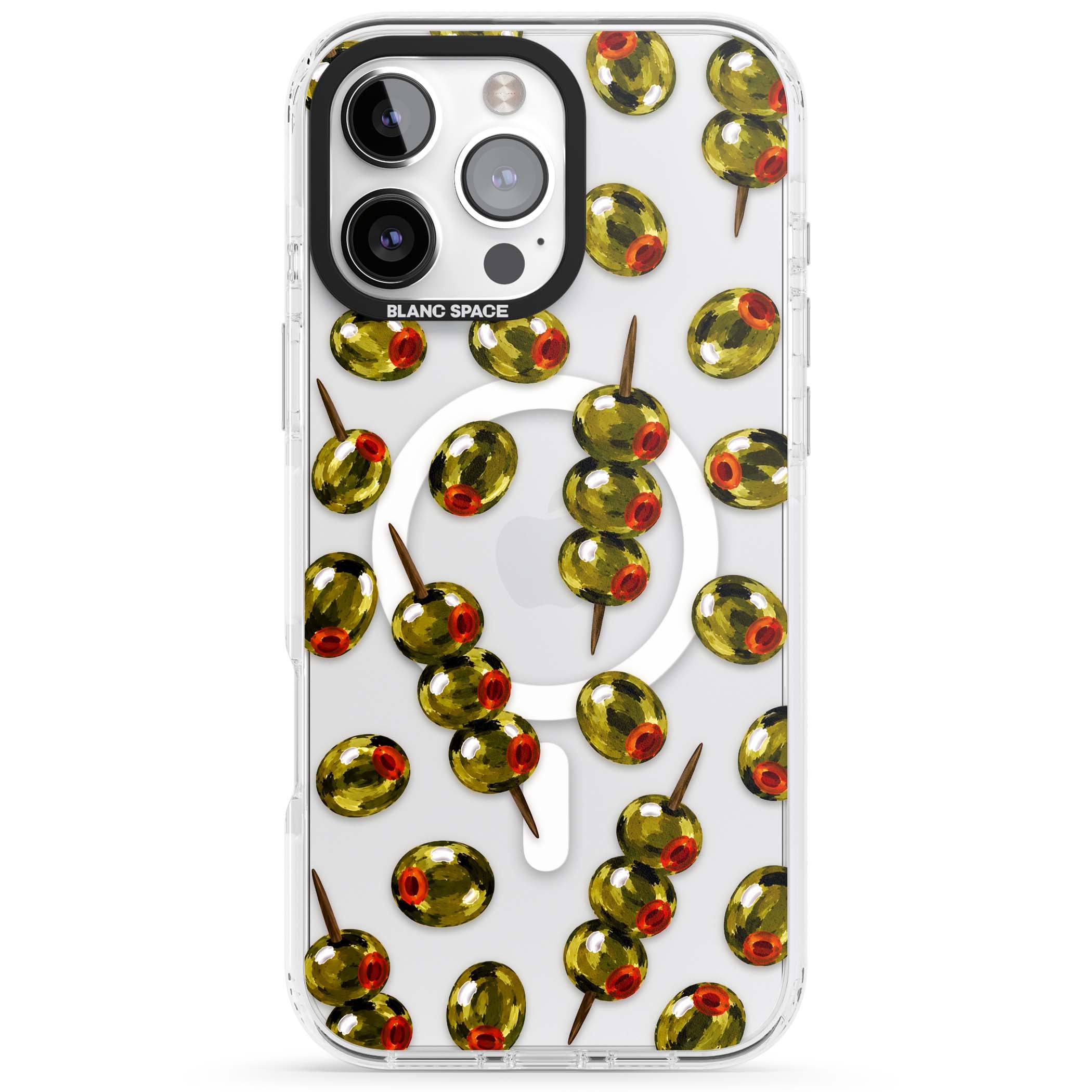 Painted Olives cocktail iPhone case featuring green olives, pimento centres and toothpick skewers on a clear background | Impact Magsafe case for iPhone 16 Pro, iPhone 16 Pro Max