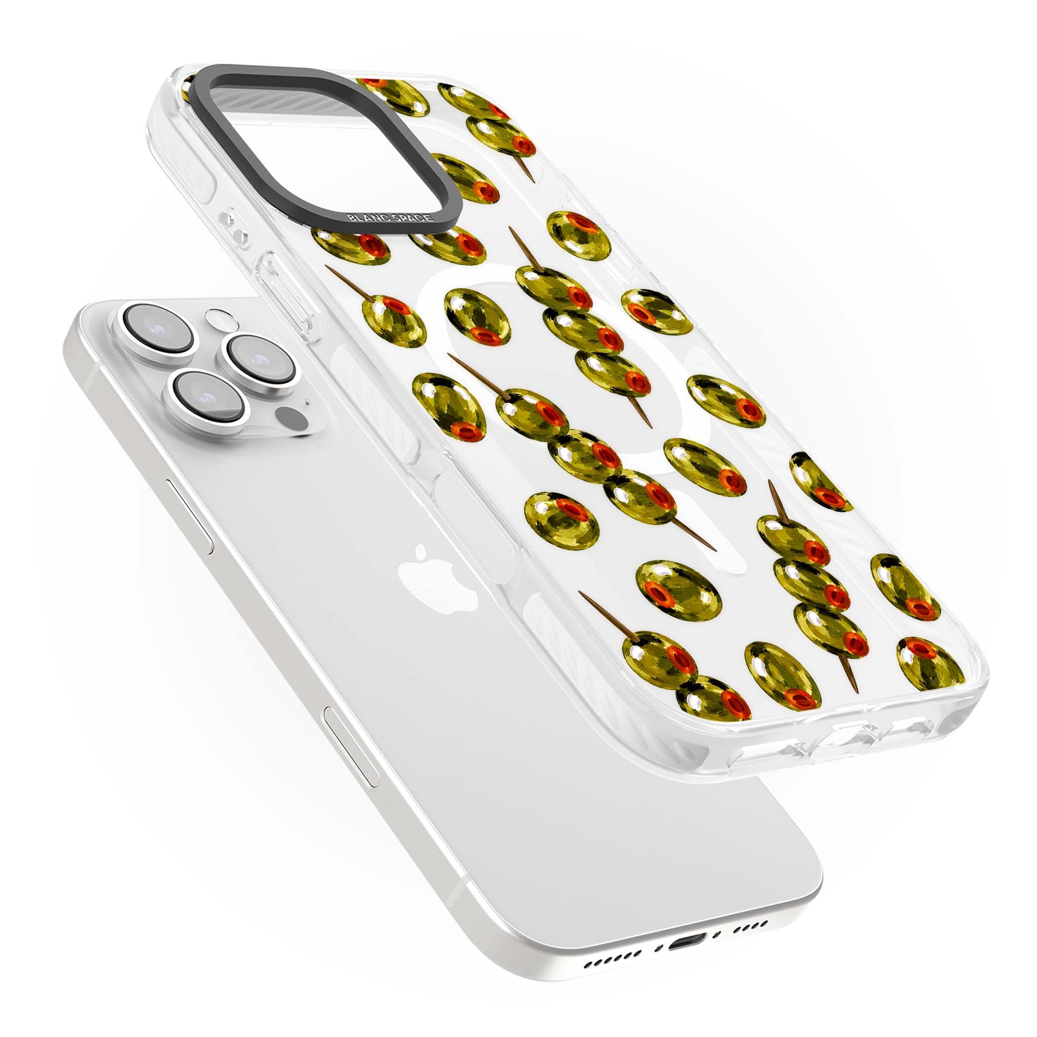 Painted Olives cocktail iPhone case featuring green olives, pimento centres and toothpick skewers on a clear background | Impact Magsafe case for iPhone 16 Pro, iPhone 16 Pro Max