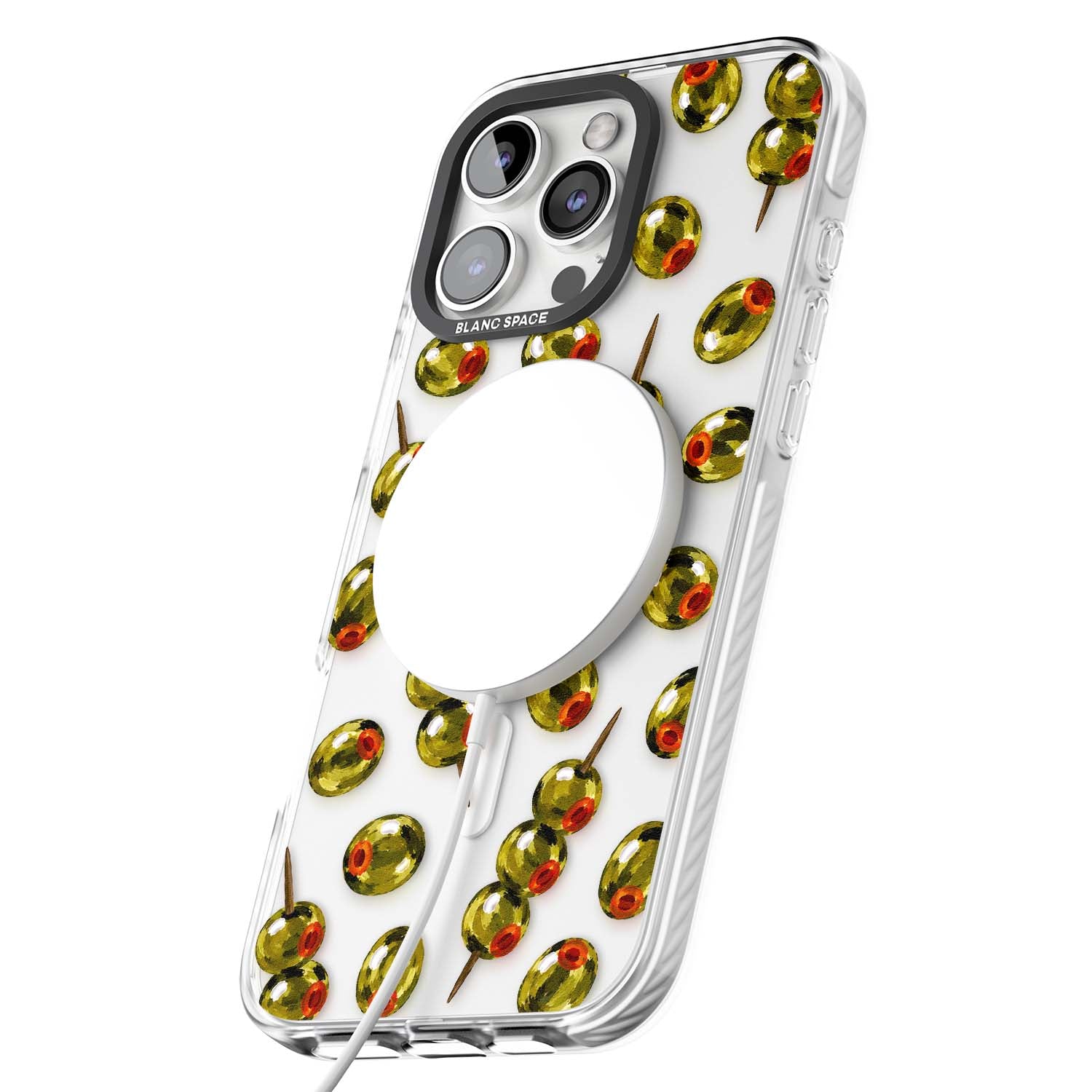 Painted Olives cocktail iPhone case featuring green olives, pimento centres and toothpick skewers on a clear background | Impact Magsafe case for iPhone 16 Pro, iPhone 16 Pro Max