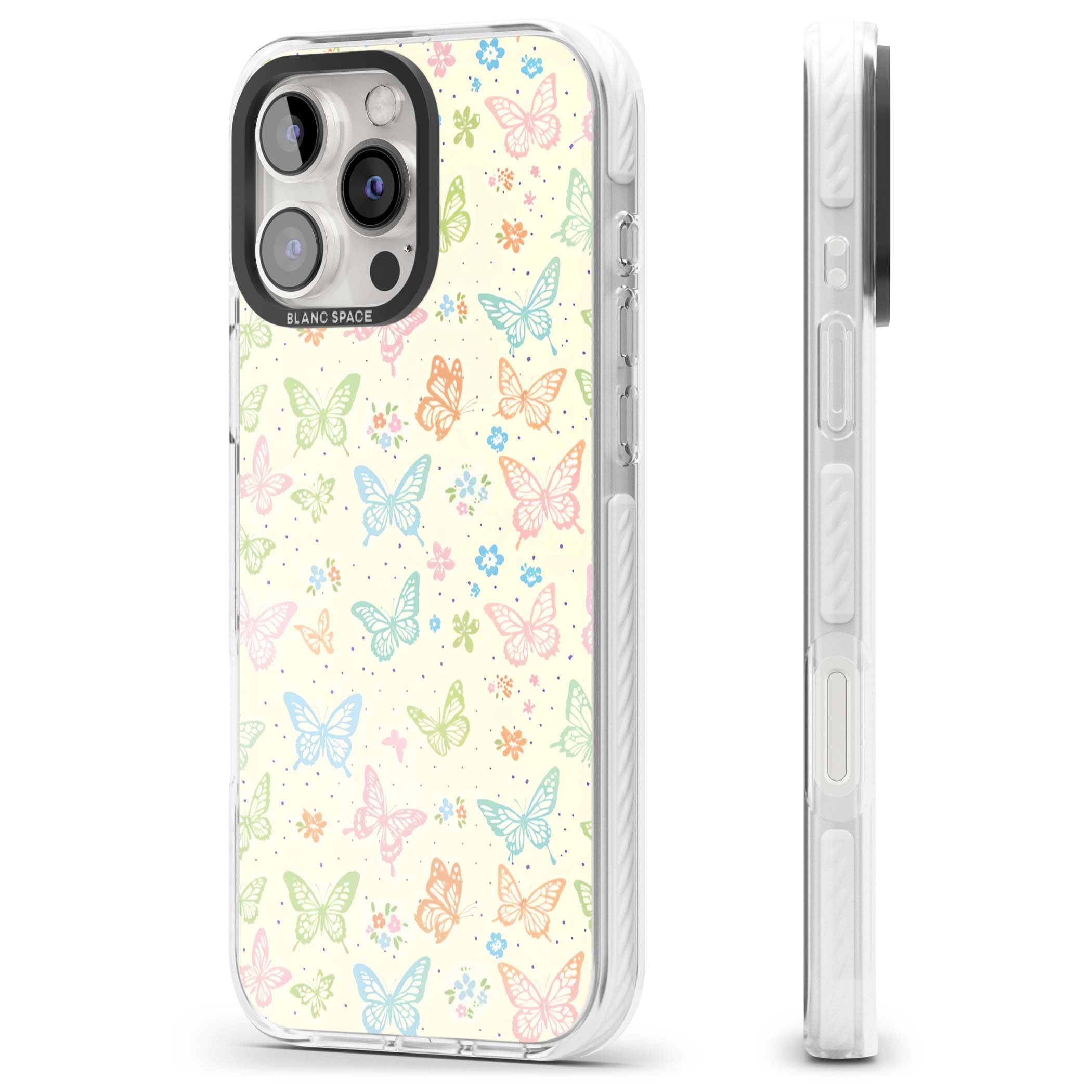 Sugar Wings cottagecore iPhone case featuring rainbow pastel butterflies, tiny wildflowers, and a cream background | Impact Magsafe case for iPhone 16 Pro, iPhone 16 Pro Max