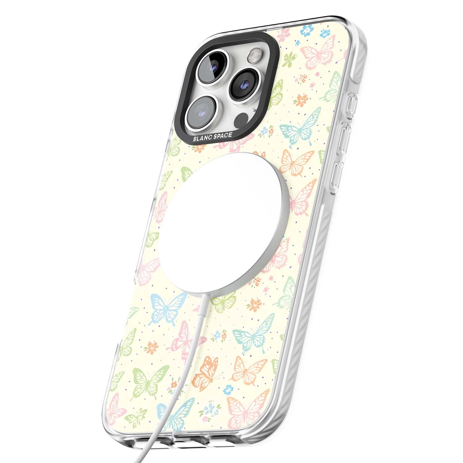 Sugar Wings cottagecore iPhone case featuring rainbow pastel butterflies, tiny wildflowers, and a cream background | Impact Magsafe case for iPhone 16 Pro, iPhone 16 Pro Max