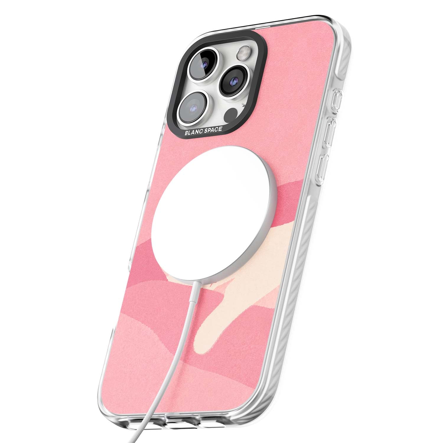 Pink Dreams cute cat iPhone case featuring a white kitten, soft pink hills and a pale pastel sun | Impact Magsafe case for iPhone 16 Pro, iPhone 16 Pro Max