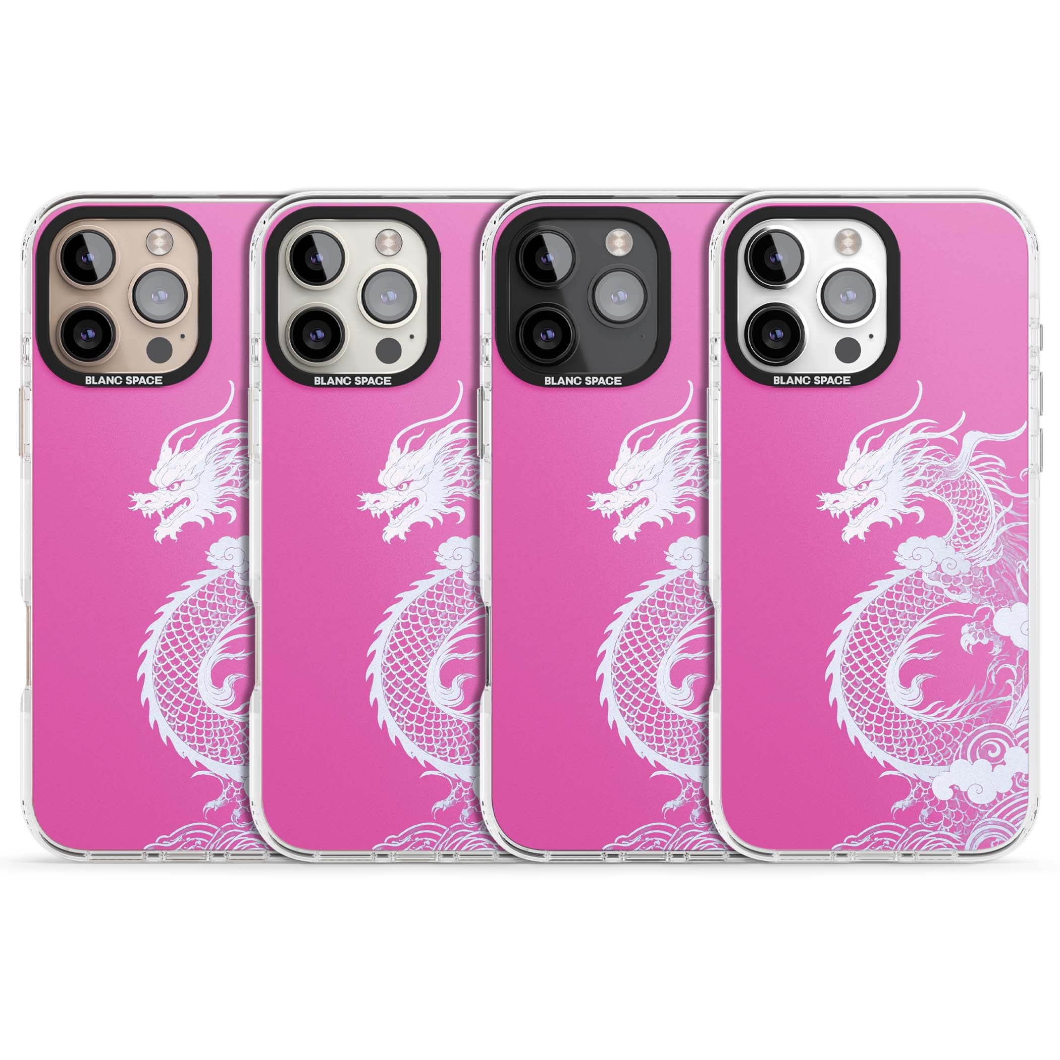 Pink Empress chinese dragon iPhone case featuring a white dragon, swirling clouds and pink dragon wallpaper backdrop | Impact Magsafe case for iPhone 16 Pro, iPhone 16 Pro Max