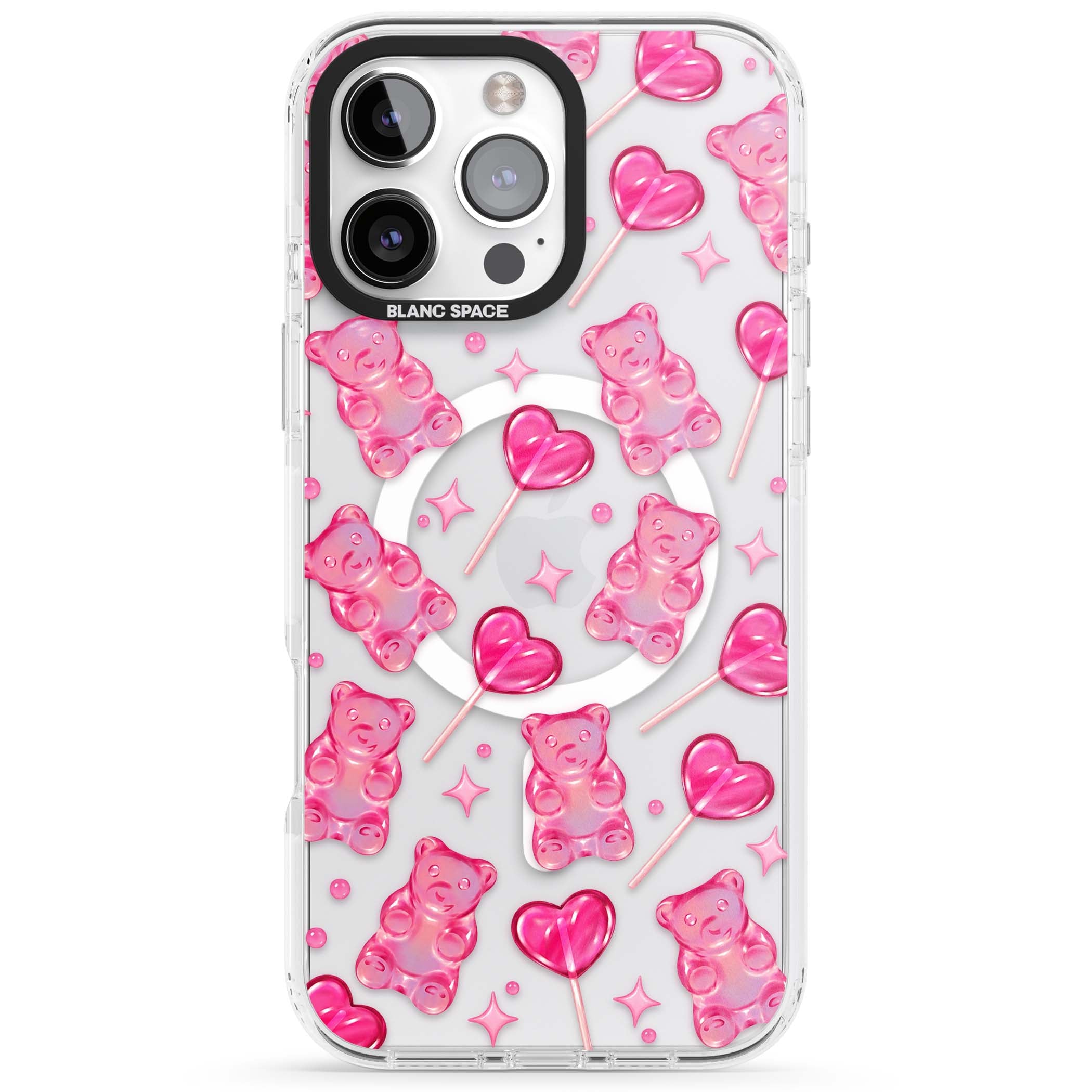 Pink Sugar pinkcore iPhone case featuring pink gummy bears, heart-shaped lollipops and sparkle stars | Impact Magsafe case for iPhone 16 Pro, iPhone 16 Pro Max