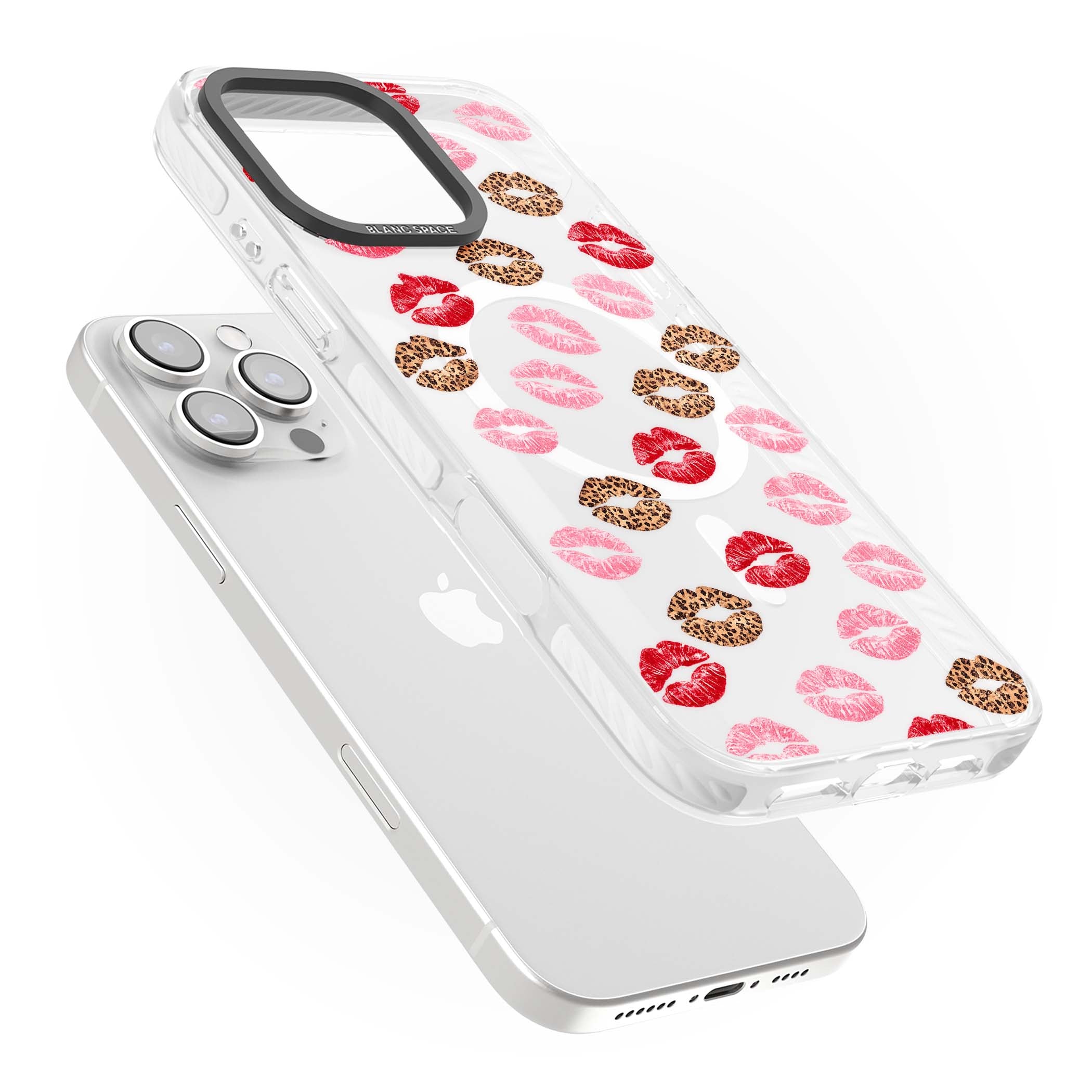Wild Kisses coquette iPhone case featuring red, pink and leopard print lipstick kiss marks on a clear background | Impact Magsafe case for iPhone 16 Pro, iPhone 16 Pro Max