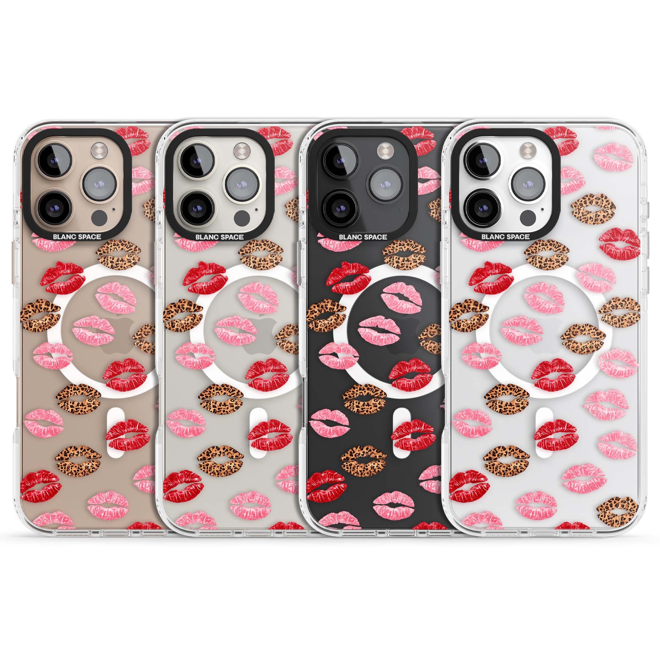 Wild Kisses coquette iPhone case featuring red, pink and leopard print lipstick kiss marks on a clear background | Impact Magsafe case for iPhone 16 Pro, iPhone 16 Pro Max