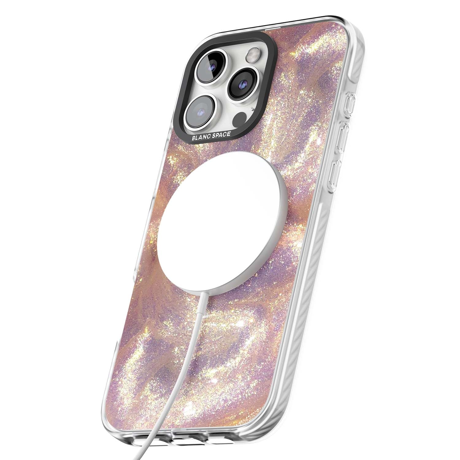 Shimmer marble iPhone case featuring rose gold glitter swirls, lilac shimmer and iridescent pearl finish | Impact Magsafe case for iPhone 16 Pro, iPhone 16 Pro Max