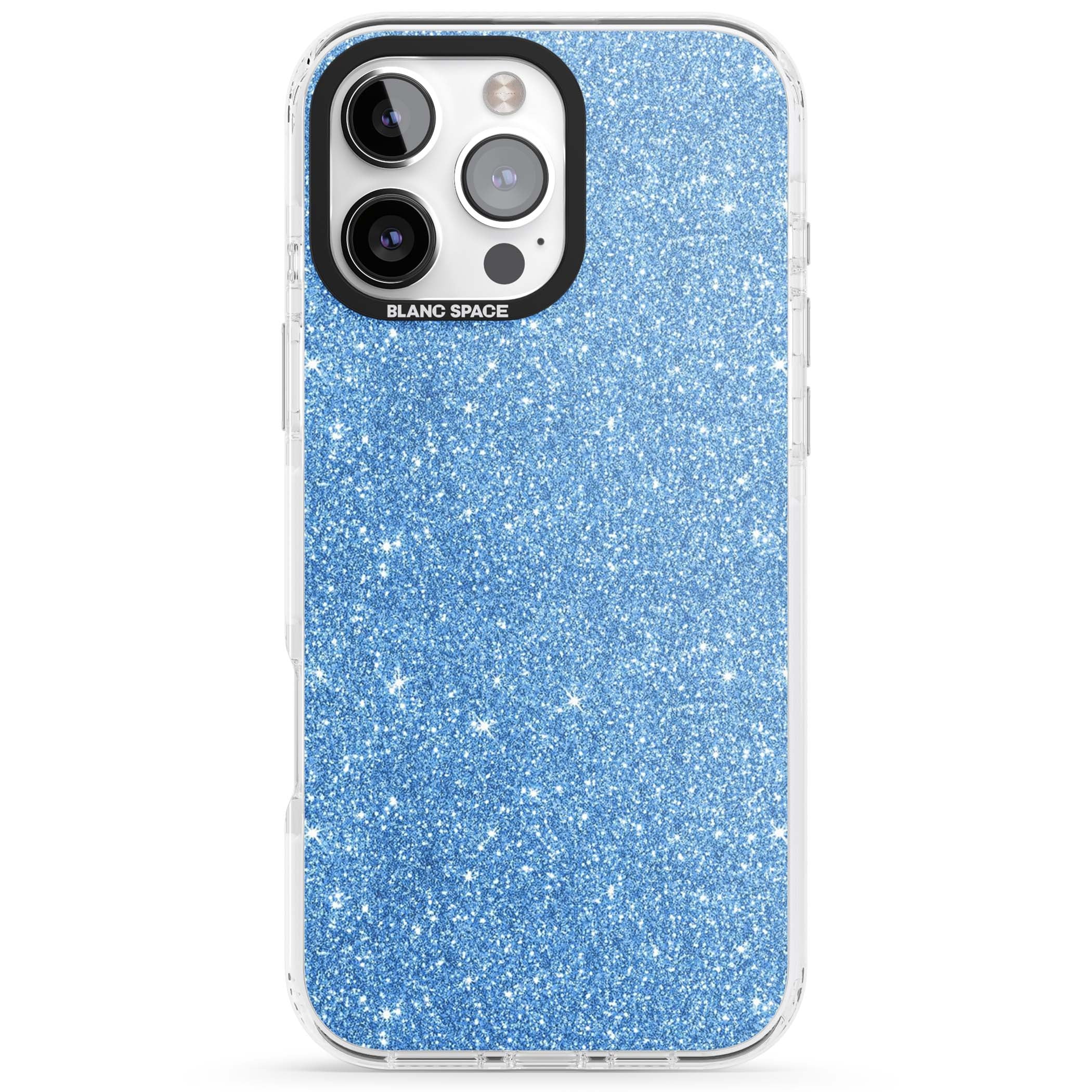 Blue Glitter blue glitter iPhone case featuring dense sparkling cerulean glitter with a glamorous shimmering finish | Impact Magsafe case for iPhone 16 Pro, iPhone 16 Pro Max