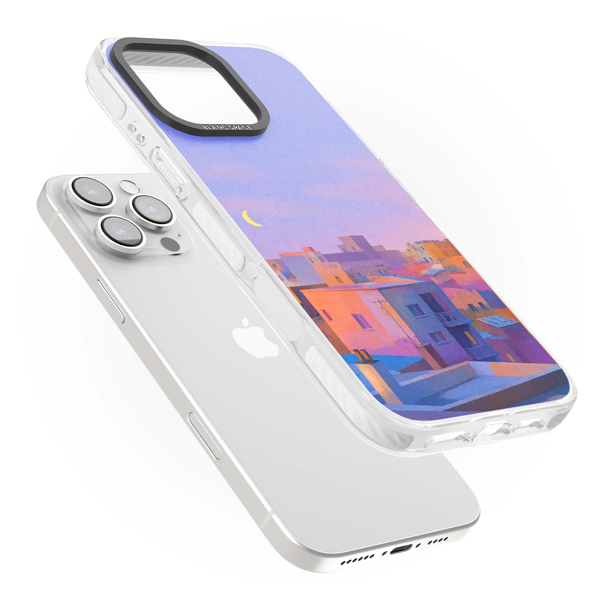 Twilight Rooftops vaporwave iPhone case featuring a pastel sunset cityscape, painted rooftops and a crescent moon. | Impact Magsafe case for iPhone 16 Pro, iPhone 16 Pro Max