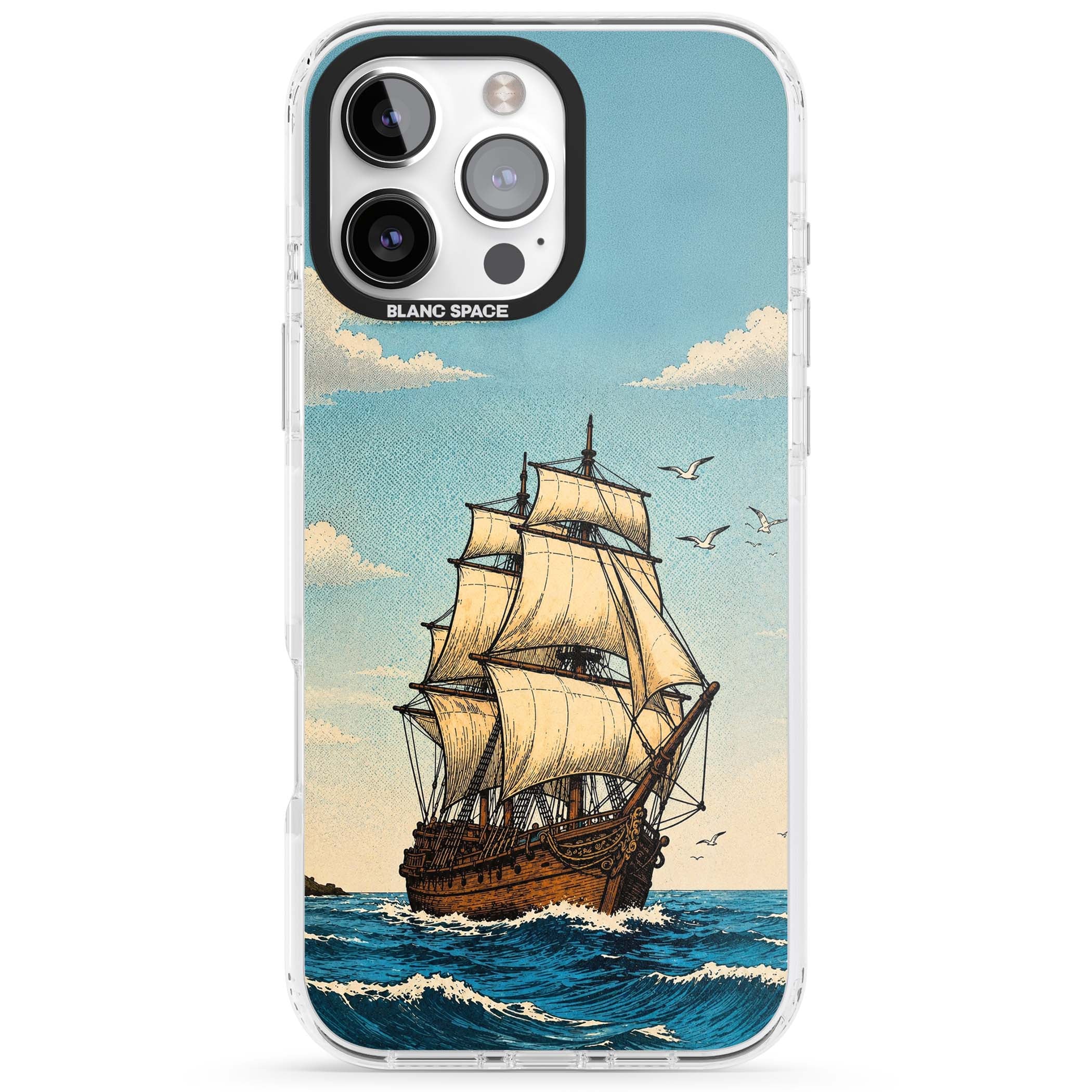 Ship at Sea nautical iPhone case featuring a vintage tall ship, ocean waves and seagulls | Impact Magsafe case for iPhone 16 Pro, iPhone 16 Pro Max