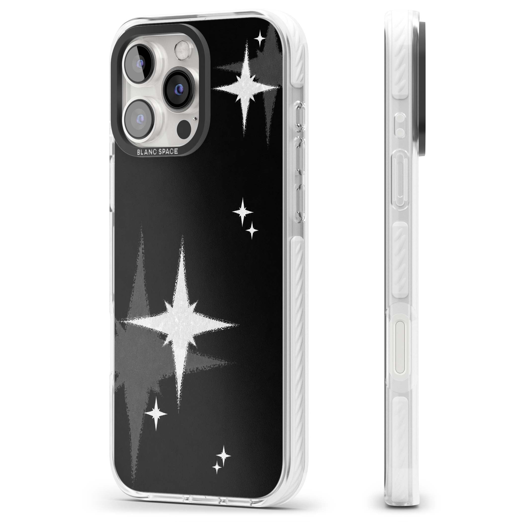Black Sparkle celestial iPhone case featuring white sparkle stars on a black night sky background | Impact Magsafe case for iPhone 16 Pro, iPhone 16 Pro Max