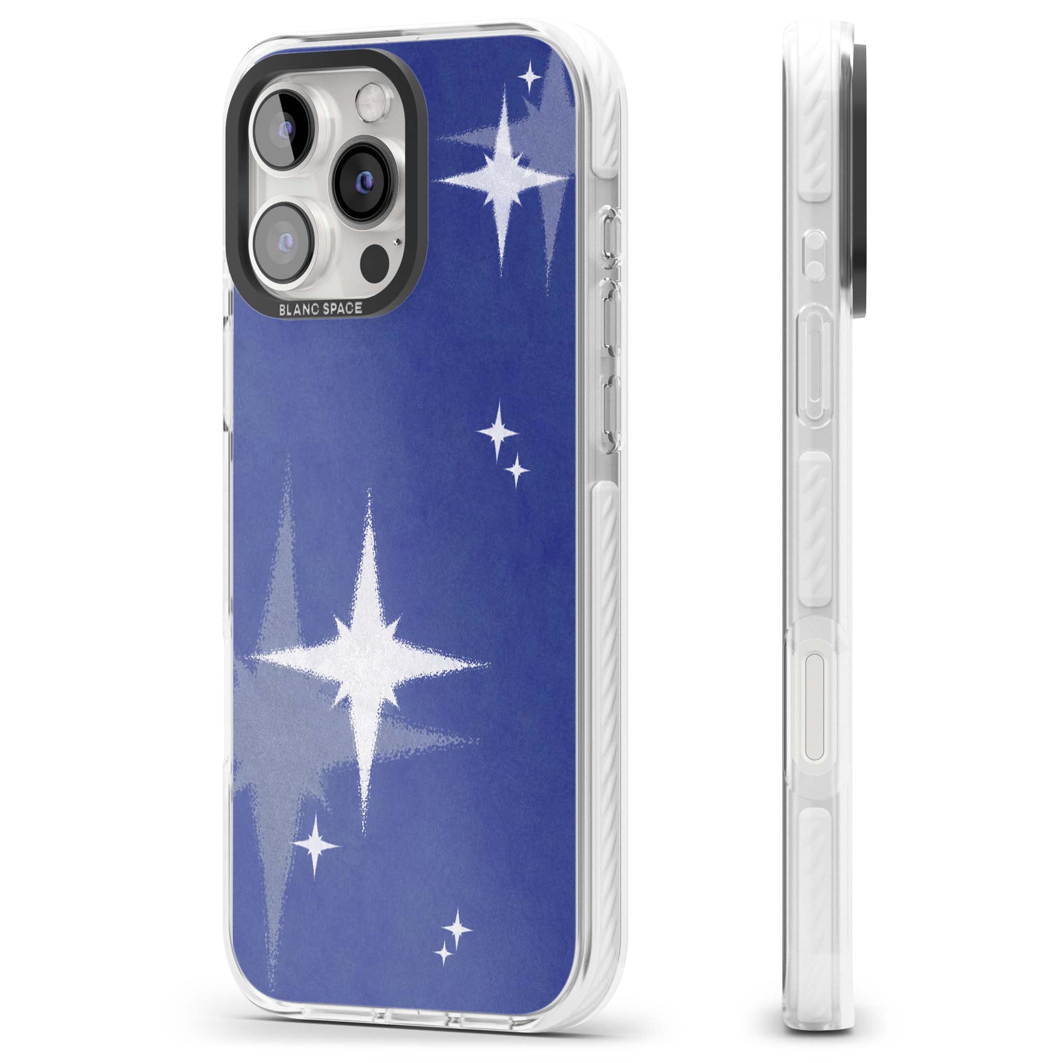 Blue Sparkle celestial iPhone case featuring sparkling silver stars on a deep blue painterly night sky | Impact Magsafe case for iPhone 16 Pro, iPhone 16 Pro Max