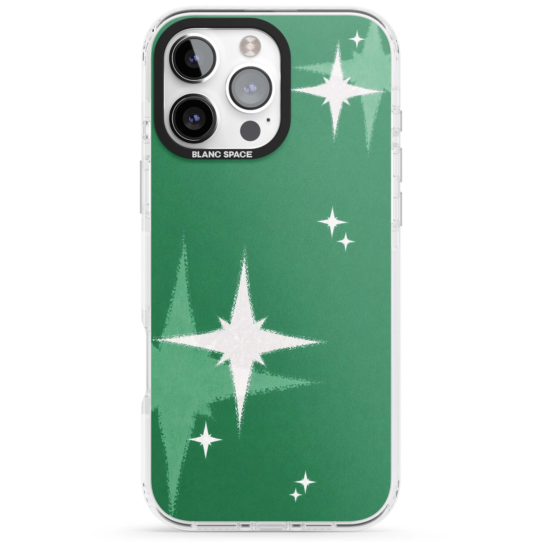 Green Sparkle celestial iPhone case featuring sparkling white four-point stars on a deep green background | Impact Magsafe case for iPhone 16 Pro, iPhone 16 Pro Max