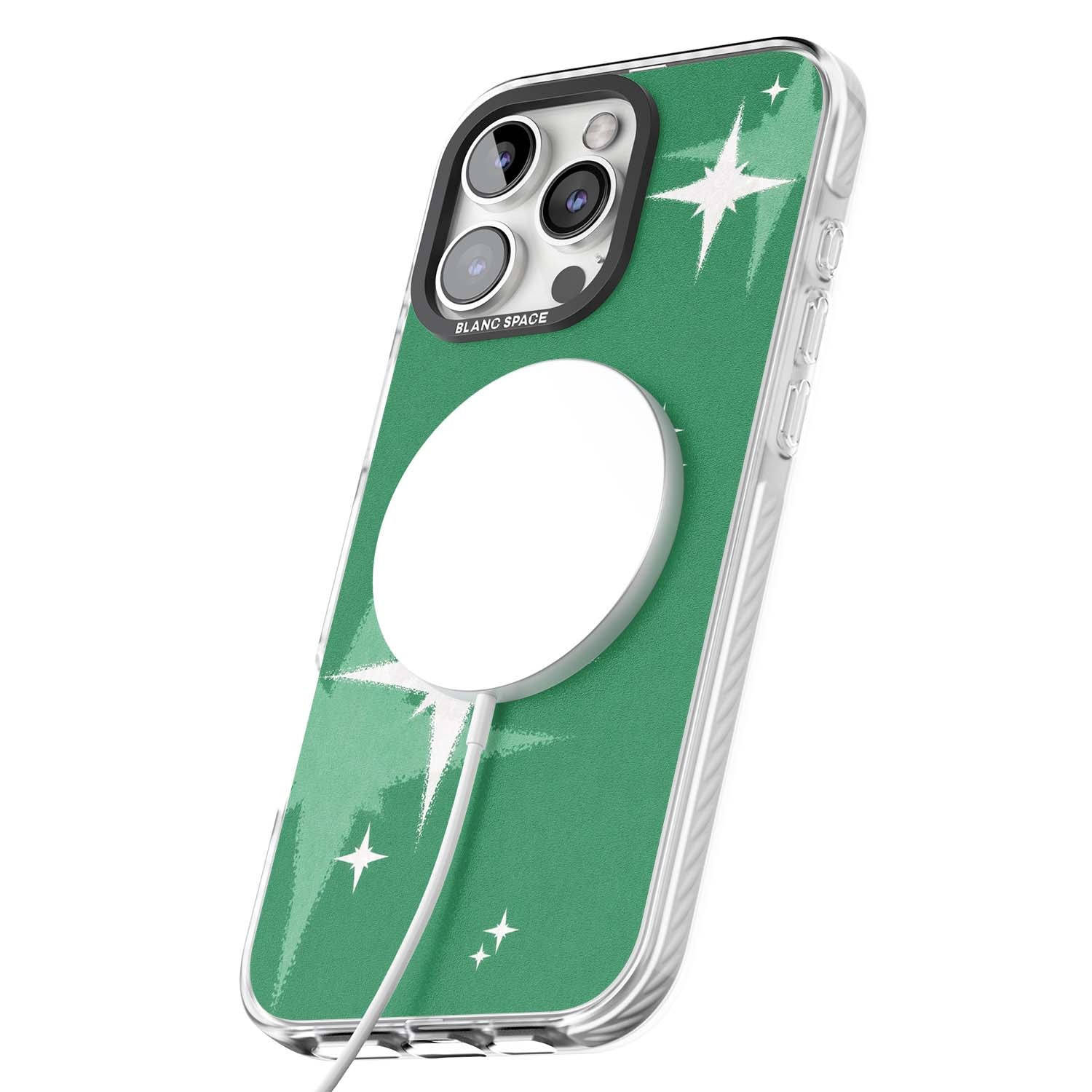 Green Sparkle celestial iPhone case featuring sparkling white four-point stars on a deep green background | Impact Magsafe case for iPhone 16 Pro, iPhone 16 Pro Max