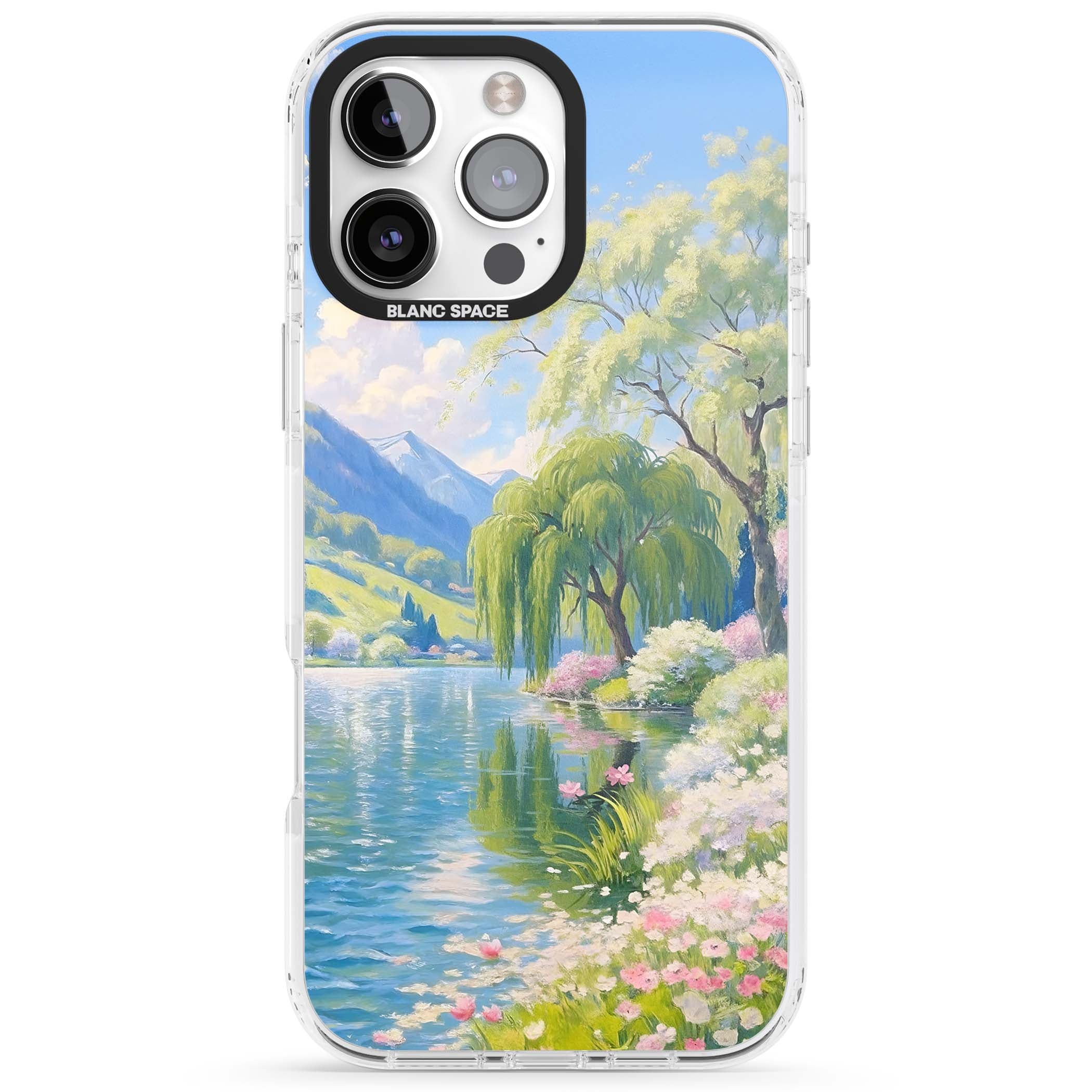 Willow Lake cottagecore iPhone case featuring a painted lakeside with weeping willow, blossoms and distant mountains | Impact Magsafe case for iPhone 16 Pro, iPhone 16 Pro Max