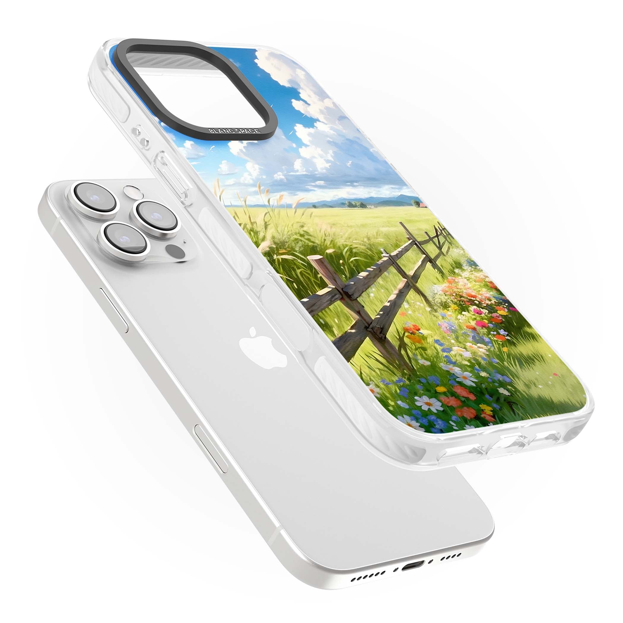 A Countryside Afternoon cottagecore iPhone case featuring a painted countryside meadow, wooden fence, and wildflowers beneath | Impact Magsafe case for iPhone 16 Pro, iPhone 16 Pro Max