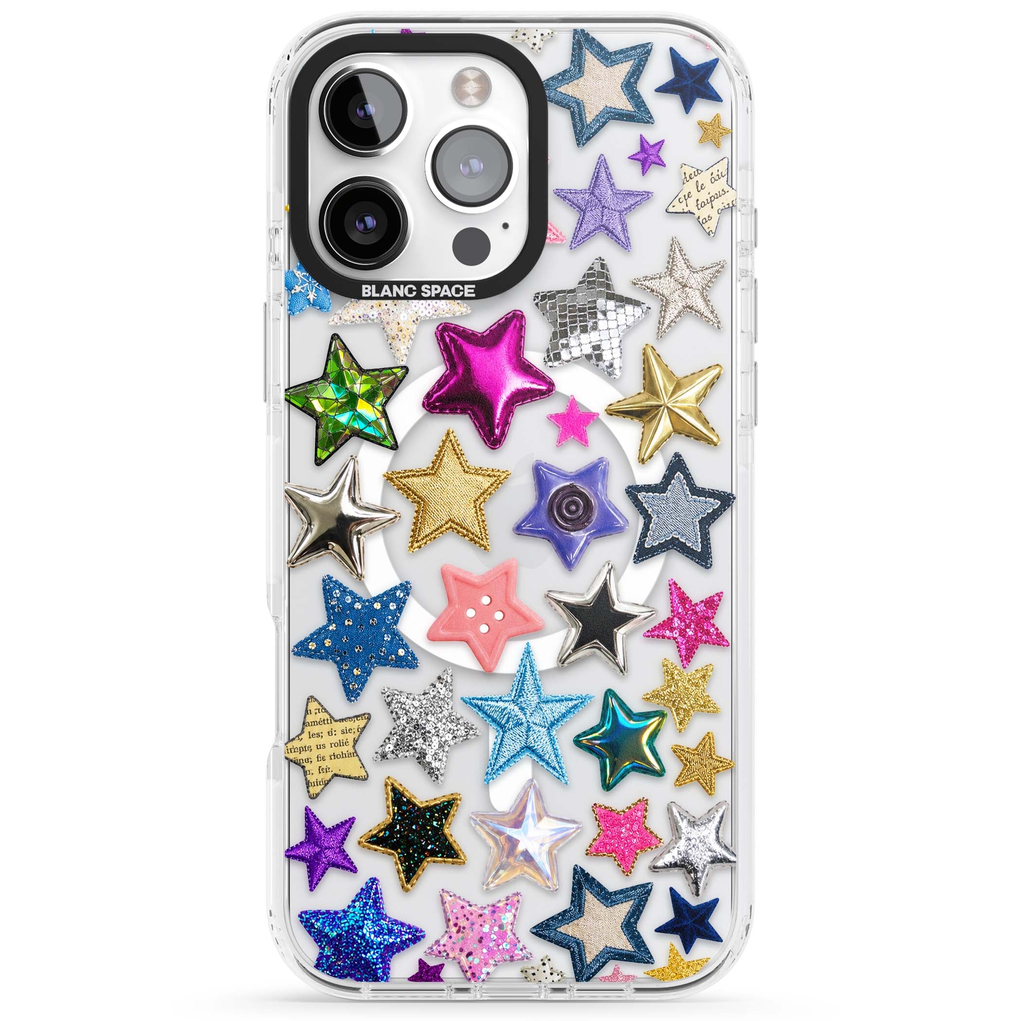 Crafty Star Mix Y2K iPhone case featuring embroidered, sequinned and glitter star patches in rainbow colours | Impact Magsafe case for iPhone 16 Pro, iPhone 16 Pro Max