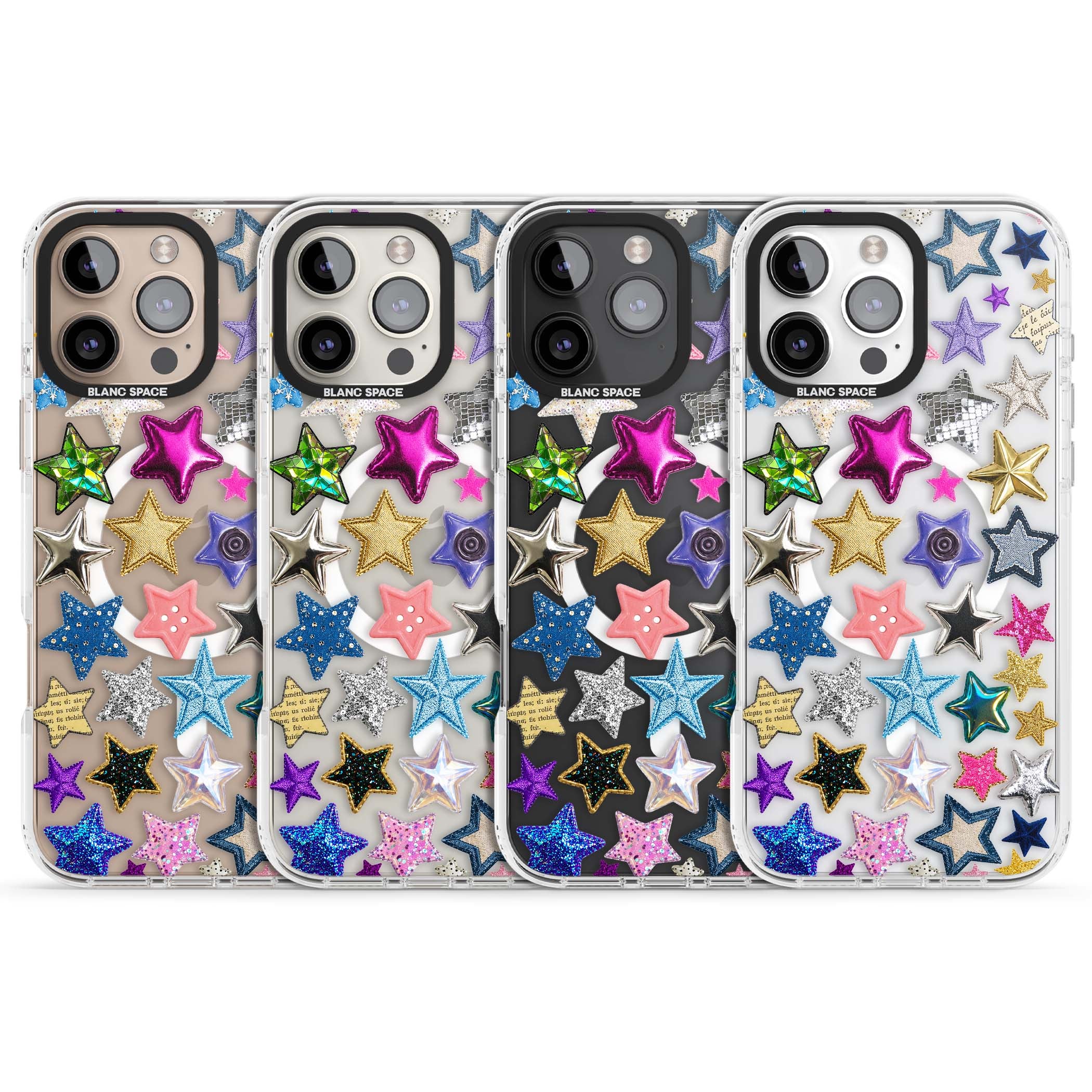 Crafty Star Mix Y2K iPhone case featuring embroidered, sequinned and glitter star patches in rainbow colours | Impact Magsafe case for iPhone 16 Pro, iPhone 16 Pro Max