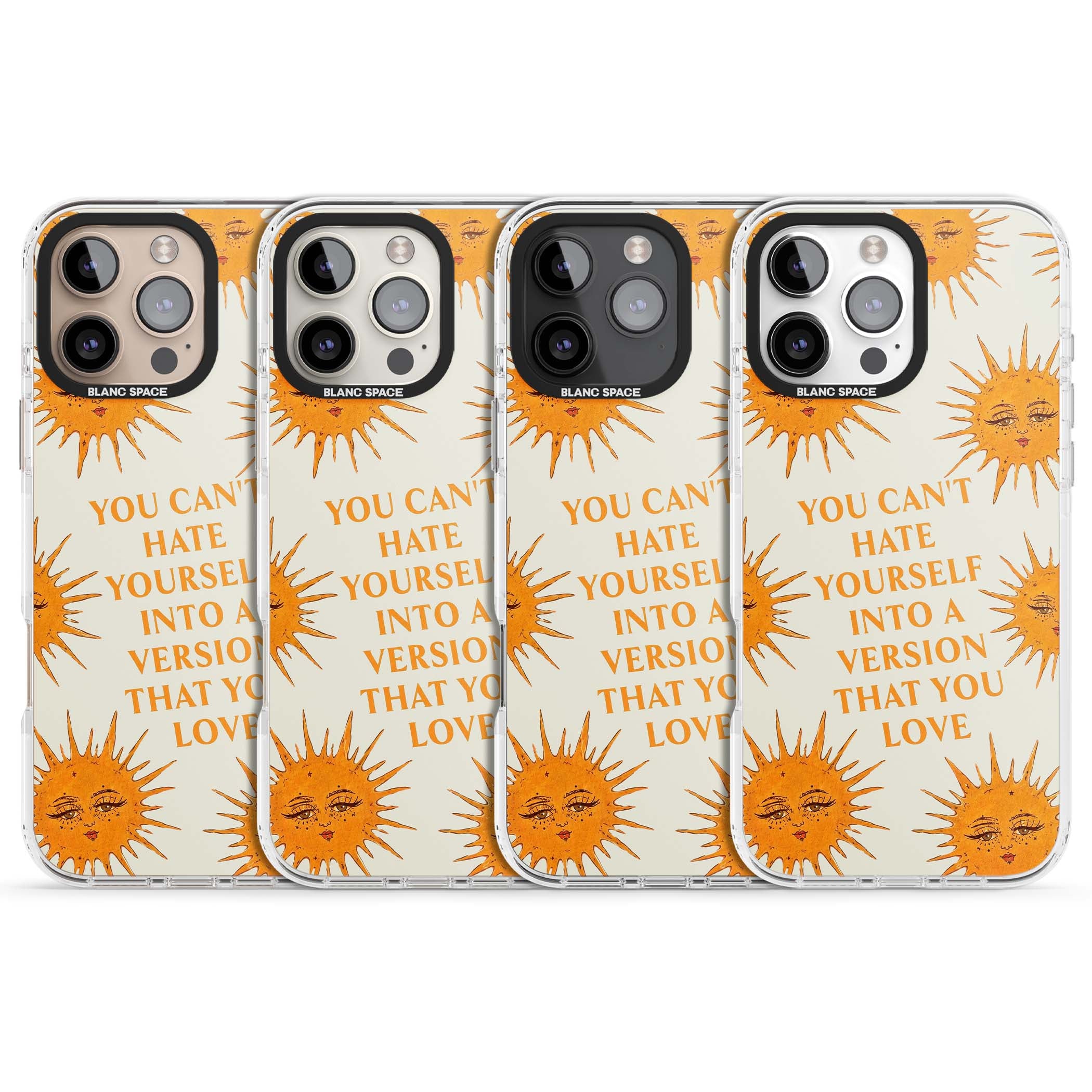 Don't Hate Yourself celestial iPhone case featuring vintage sun faces, ochre rays and a self-love quote | Impact Magsafe case for iPhone 16 Pro, iPhone 16 Pro Max