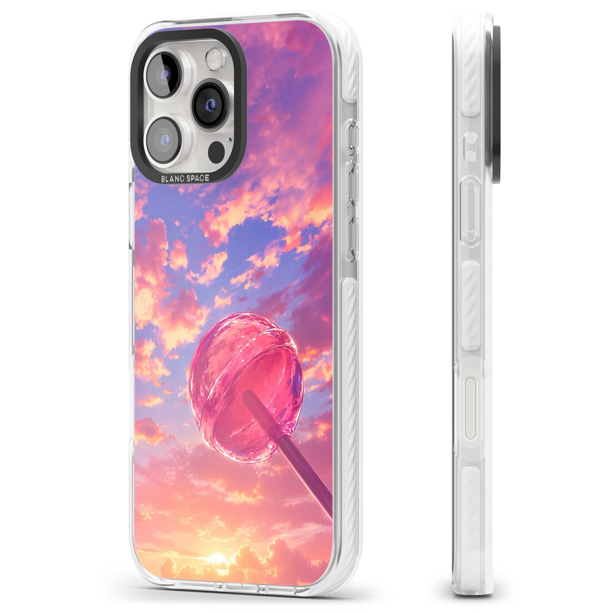 Sugar Sunset candy aesthetic iPhone case featuring a pink lollipop, pastel sunset sky and dreamy clouds | Impact Magsafe case for iPhone 16 Pro, iPhone 16 Pro Max