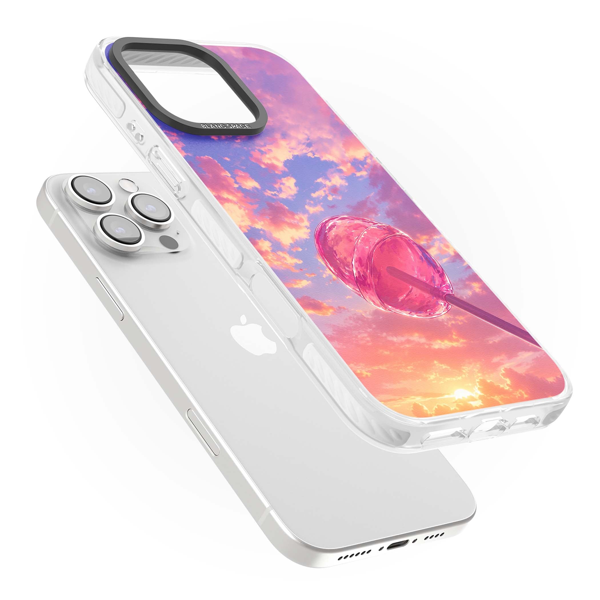 Sugar Sunset candy aesthetic iPhone case featuring a pink lollipop, pastel sunset sky and dreamy clouds | Impact Magsafe case for iPhone 16 Pro, iPhone 16 Pro Max
