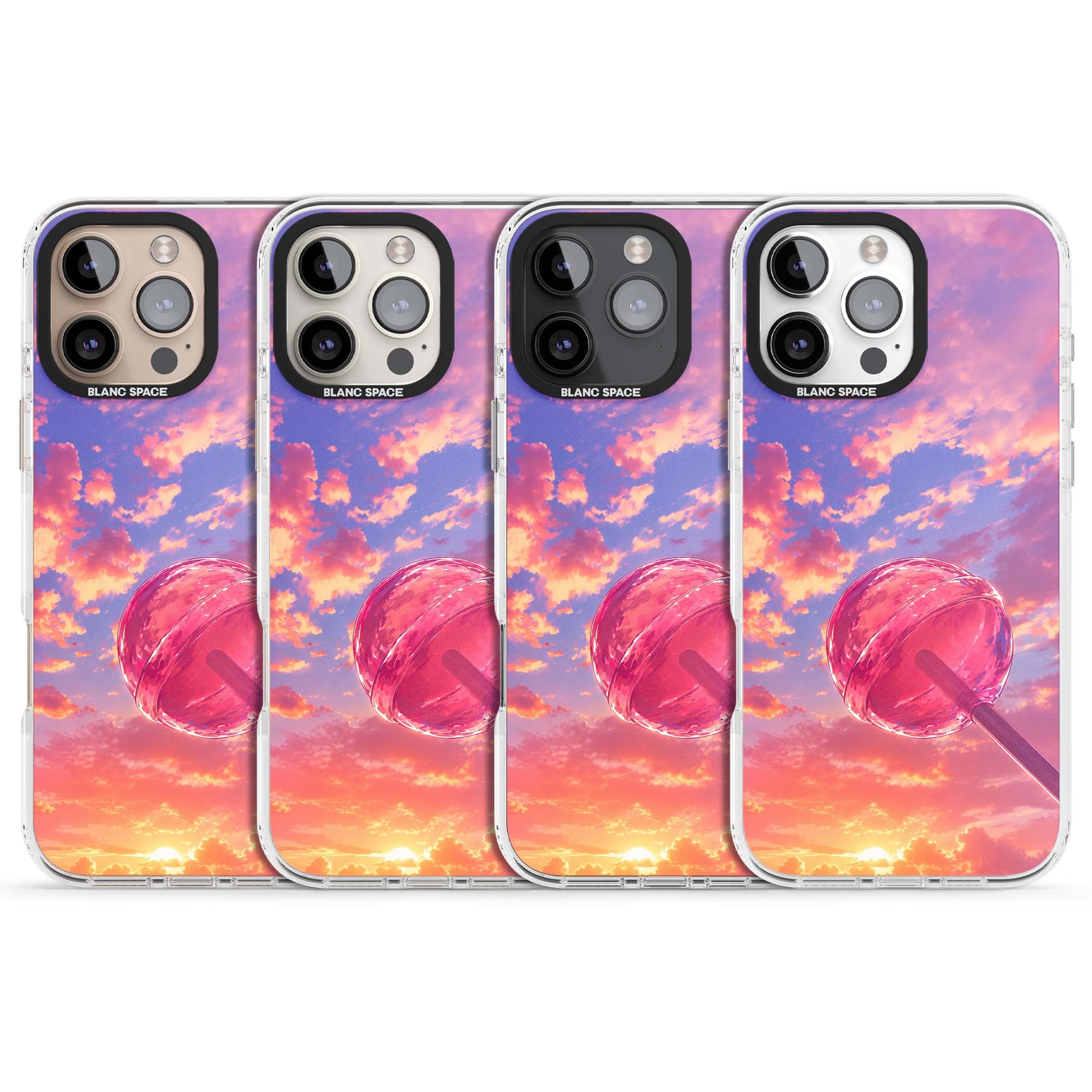 Sugar Sunset candy aesthetic iPhone case featuring a pink lollipop, pastel sunset sky and dreamy clouds | Impact Magsafe case for iPhone 16 Pro, iPhone 16 Pro Max