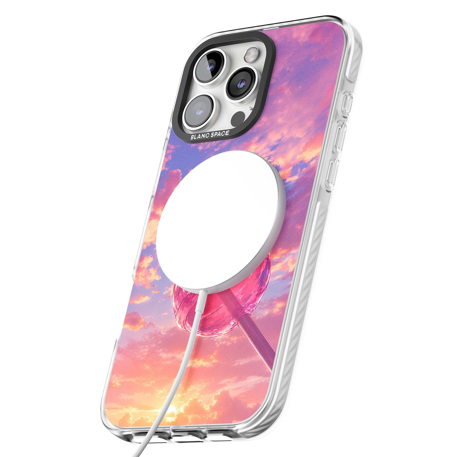 Sugar Sunset candy aesthetic iPhone case featuring a pink lollipop, pastel sunset sky and dreamy clouds | Impact Magsafe case for iPhone 16 Pro, iPhone 16 Pro Max