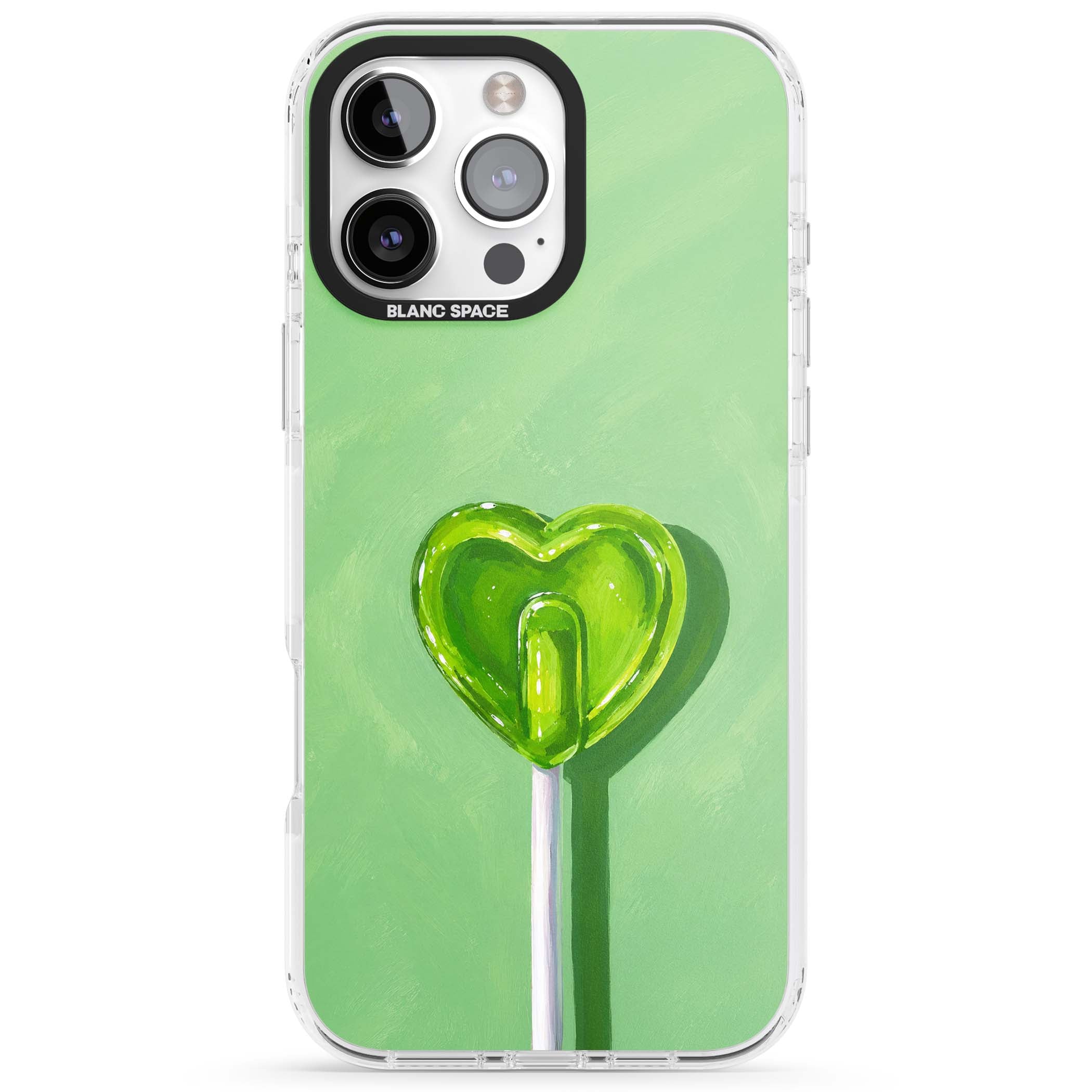 Green Lollipop candy art iPhone case featuring a glossy green heart-shaped lollipop on a painted pastel green background | Impact Magsafe case for iPhone 16 Pro, iPhone 16 Pro Max