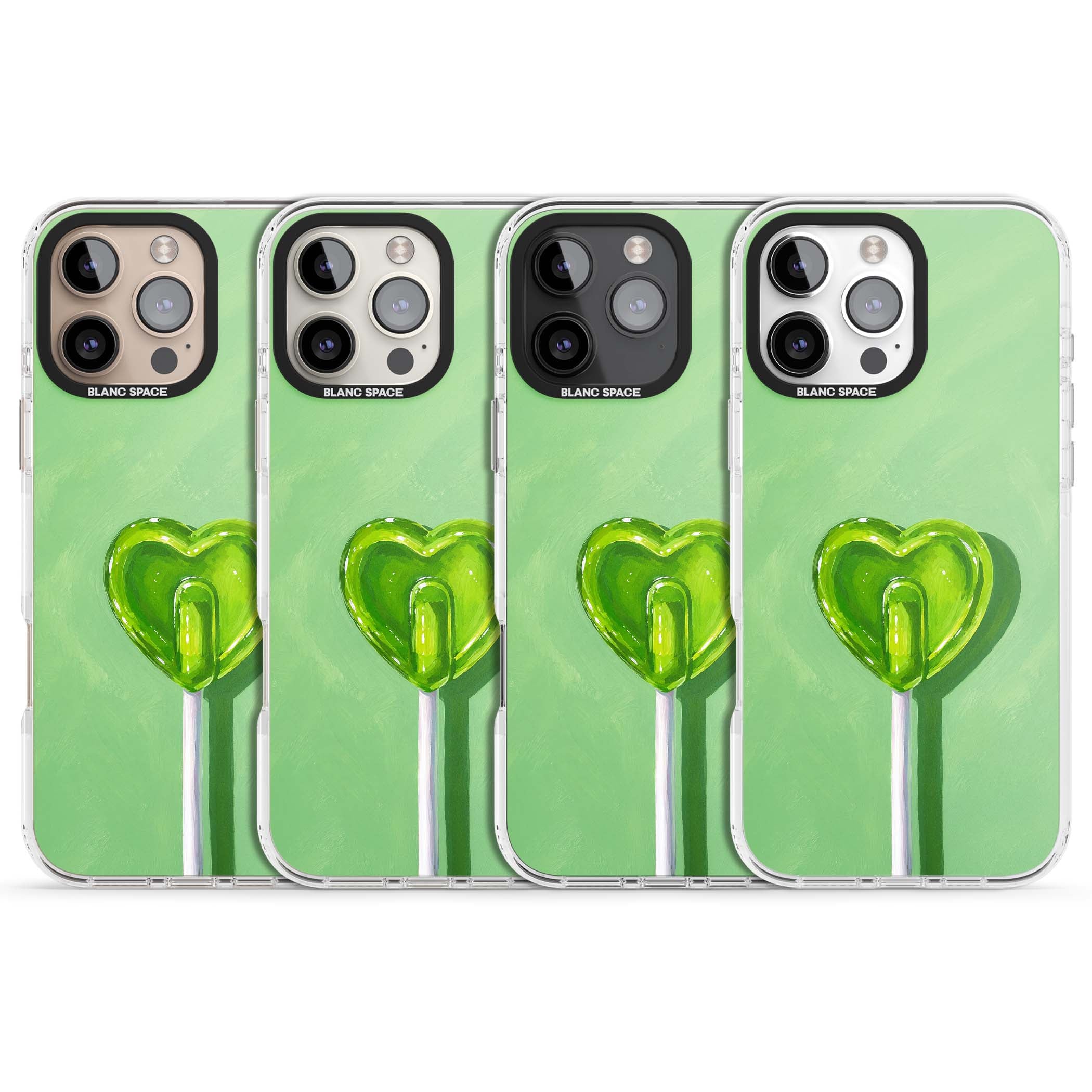 Green Lollipop candy art iPhone case featuring a glossy green heart-shaped lollipop on a painted pastel green background | Impact Magsafe case for iPhone 16 Pro, iPhone 16 Pro Max