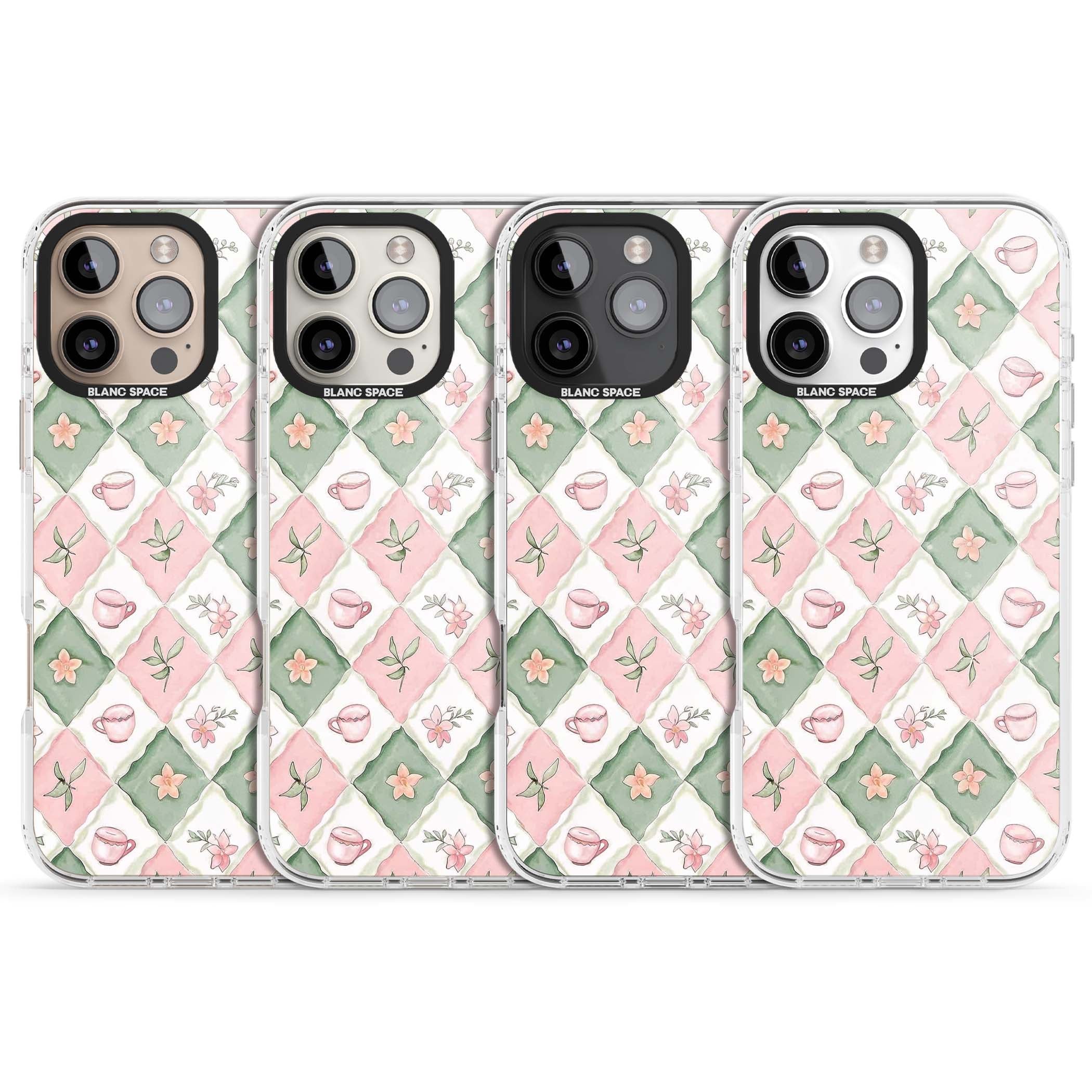 Garden Tea Party coquette iPhone case with pink and green checkered pattern, watercolour teacups and wildflowers | Impact Magsafe case for iPhone 16 Pro, iPhone 16 Pro Max