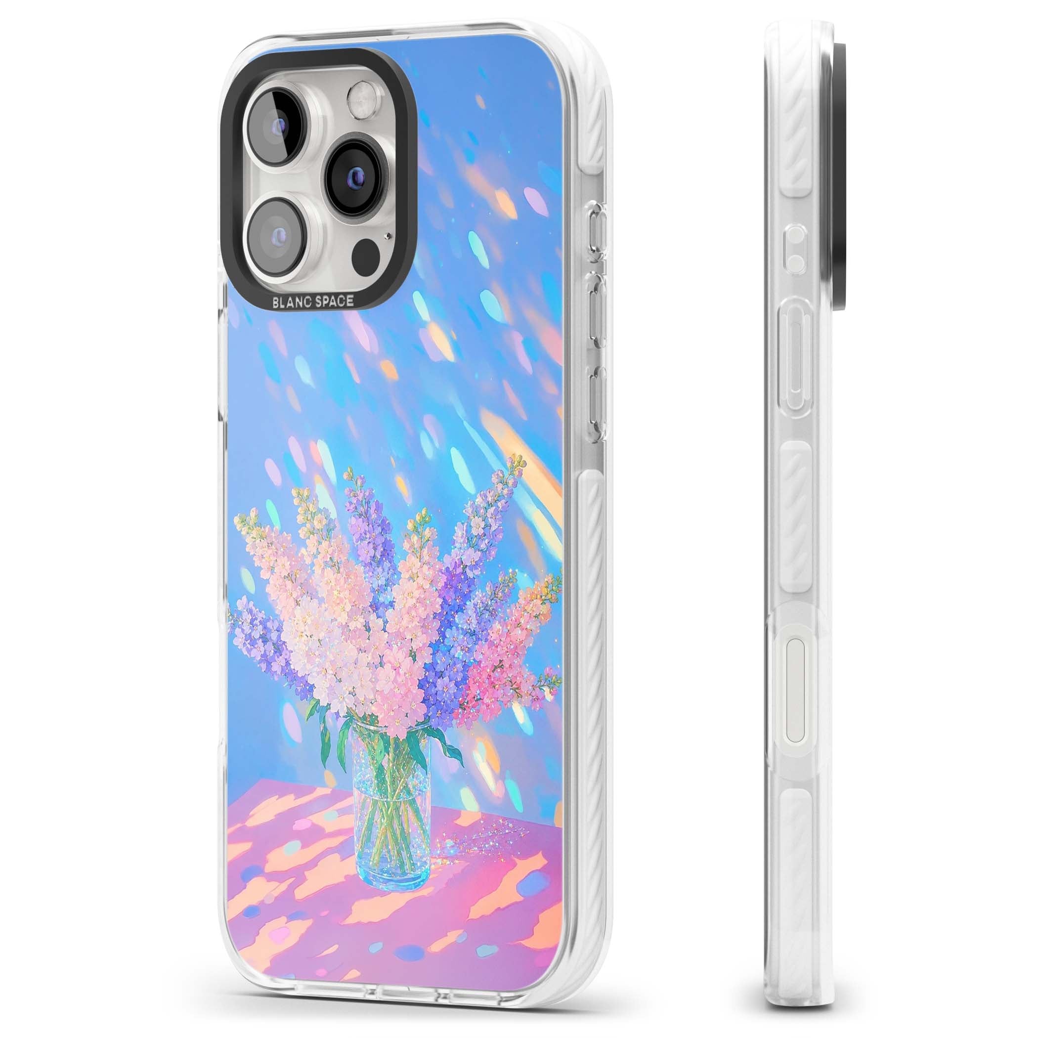 Bubblegum Flowers floral iPhone case featuring pastel lilac and pink bouquet in a glass vase with iridescent light | Impact Magsafe case for iPhone 16 Pro, iPhone 16 Pro Max
