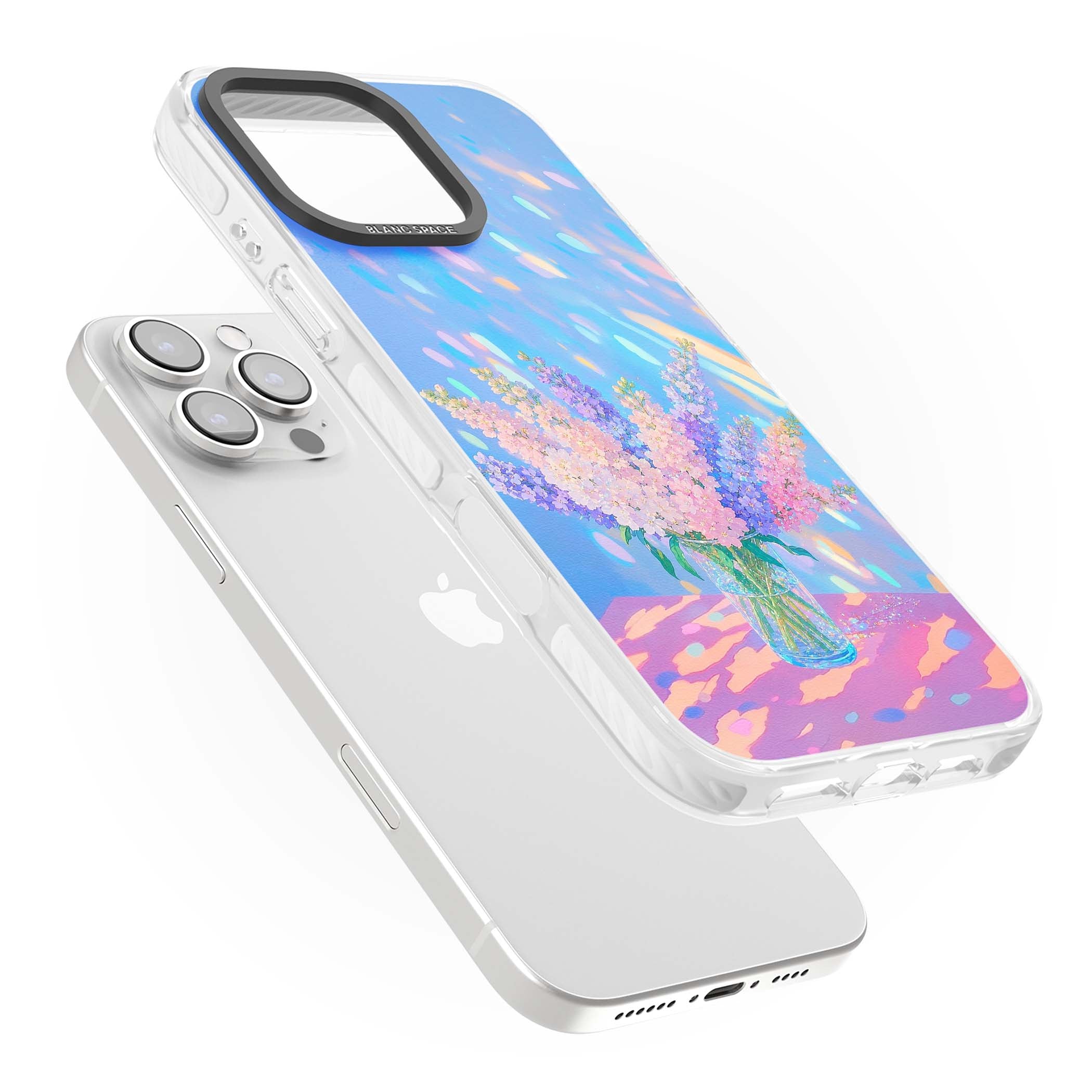 Bubblegum Flowers floral iPhone case featuring pastel lilac and pink bouquet in a glass vase with iridescent light | Impact Magsafe case for iPhone 16 Pro, iPhone 16 Pro Max
