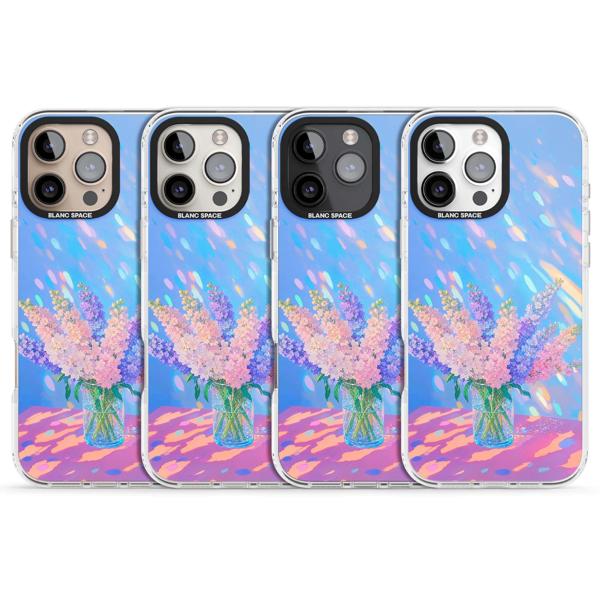 Bubblegum Flowers floral iPhone case featuring pastel lilac and pink bouquet in a glass vase with iridescent light | Impact Magsafe case for iPhone 16 Pro, iPhone 16 Pro Max