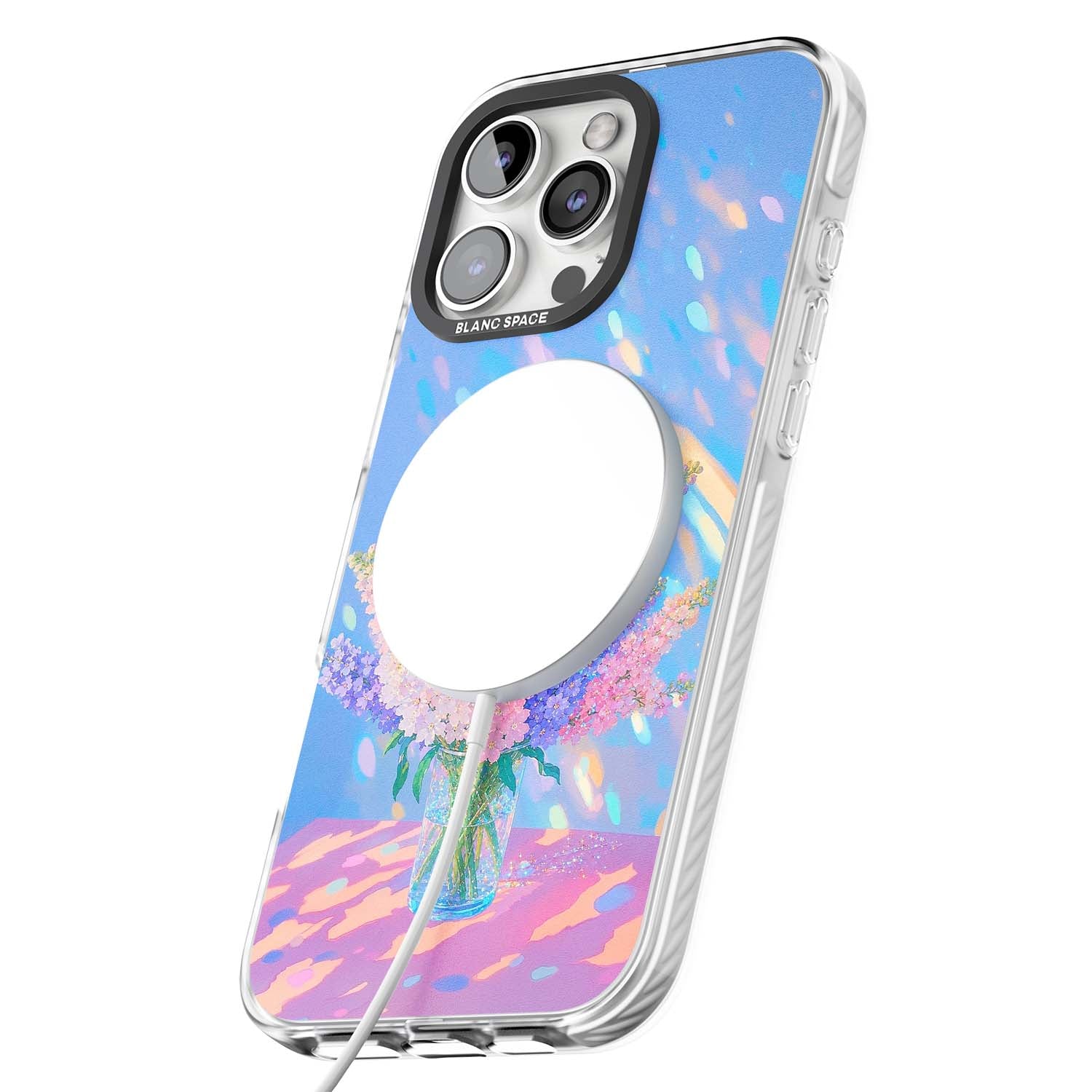Bubblegum Flowers floral iPhone case featuring pastel lilac and pink bouquet in a glass vase with iridescent light | Impact Magsafe case for iPhone 16 Pro, iPhone 16 Pro Max