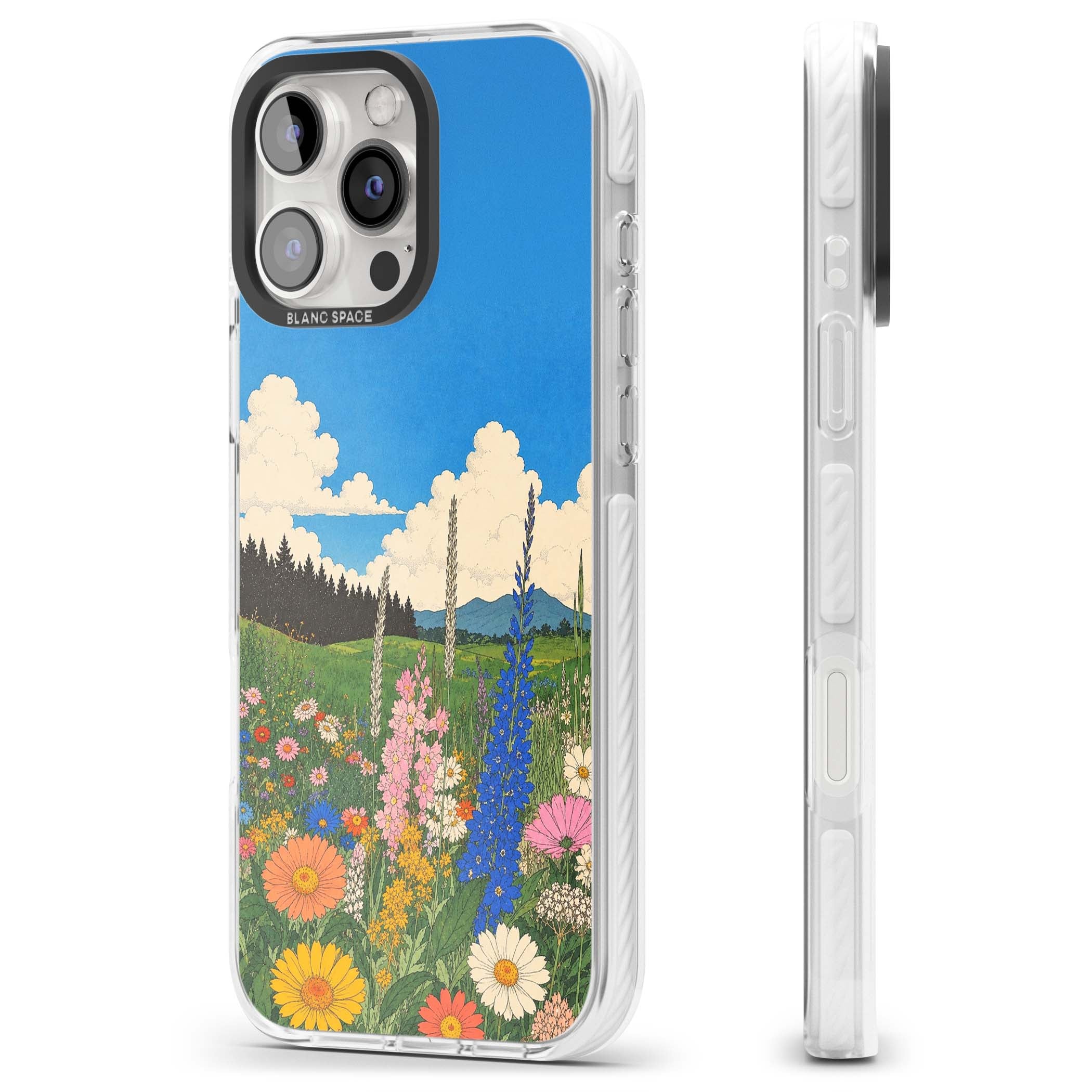 Wildbloom wildflower iPhone case featuring a vintage Japanese-style meadow landscape with daisies, delphiniums and moun | Impact Magsafe case for iPhone 16 Pro, iPhone 16 Pro Max