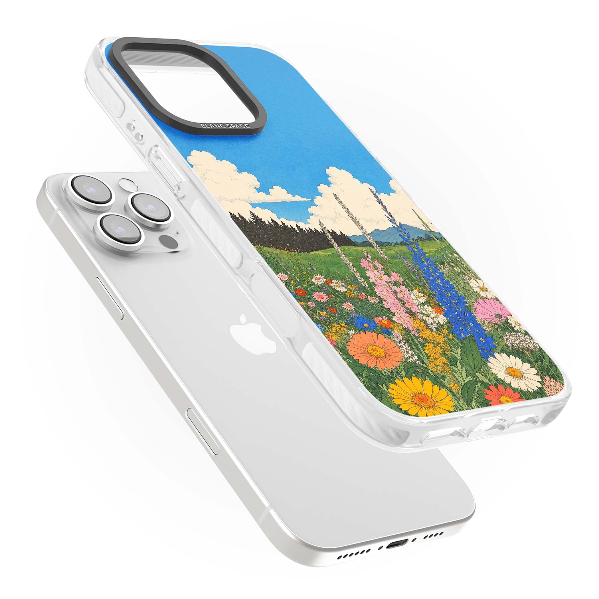 Wildbloom wildflower iPhone case featuring a vintage Japanese-style meadow landscape with daisies, delphiniums and moun | Impact Magsafe case for iPhone 16 Pro, iPhone 16 Pro Max