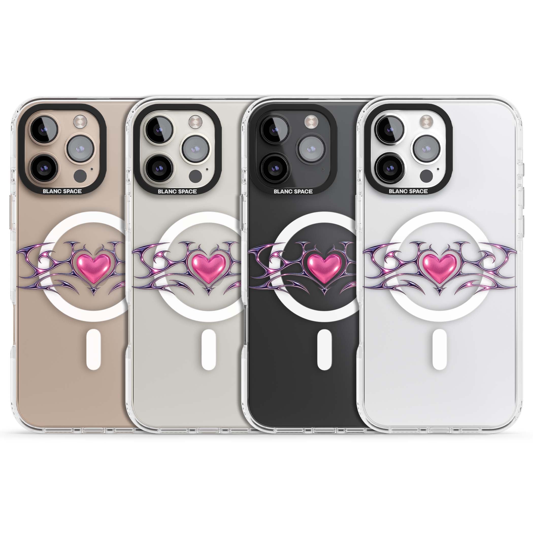 Pink Chrome Heart y2k iPhone case | Impact Magsafe case for iPhone 16 Pro, iPhone 16 Pro Max