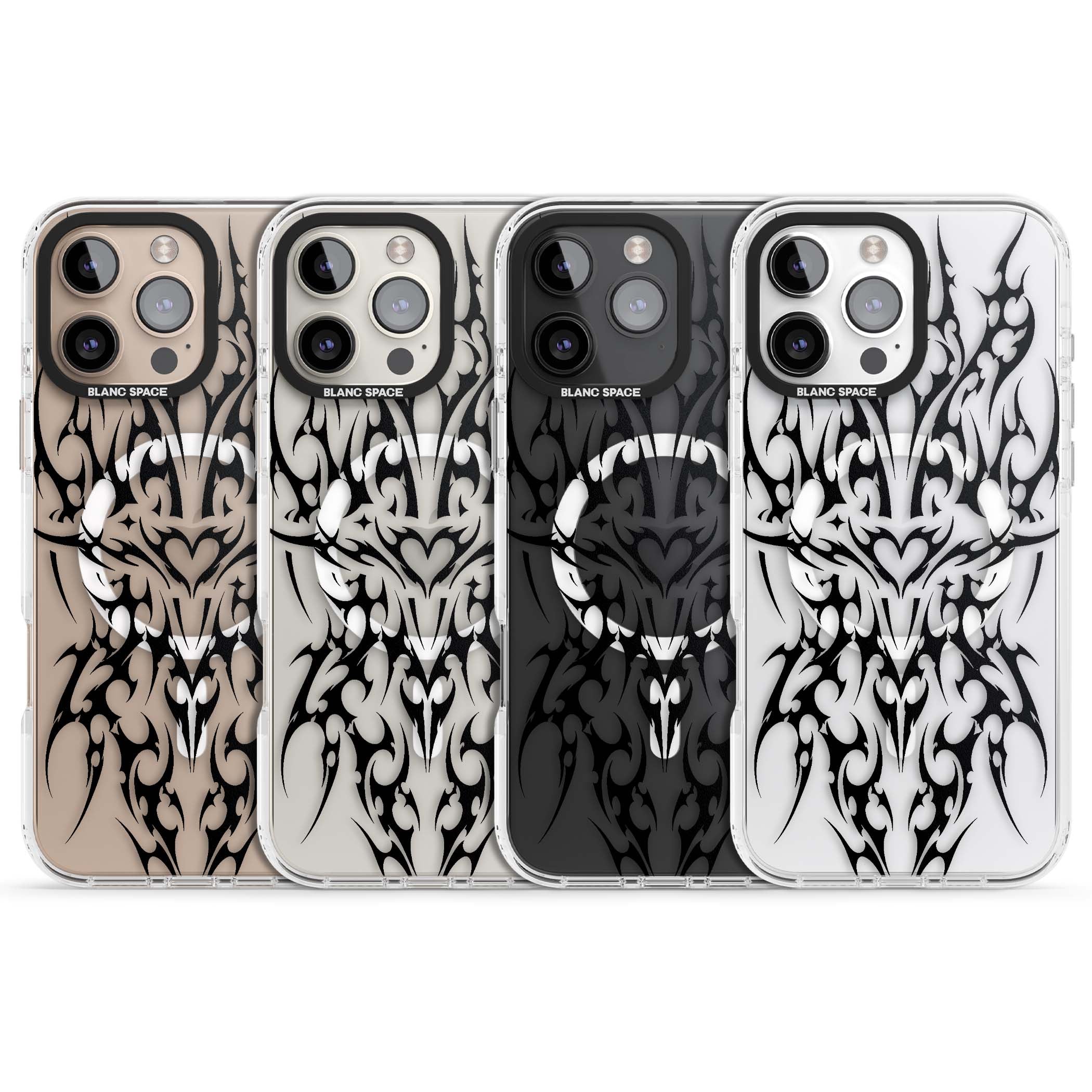Neo Tribal Heart gothic iPhone case featuring symmetrical black tribal tattoo art with sharp thorn-like linework | Impact Magsafe case for iPhone 16 Pro, iPhone 16 Pro Max