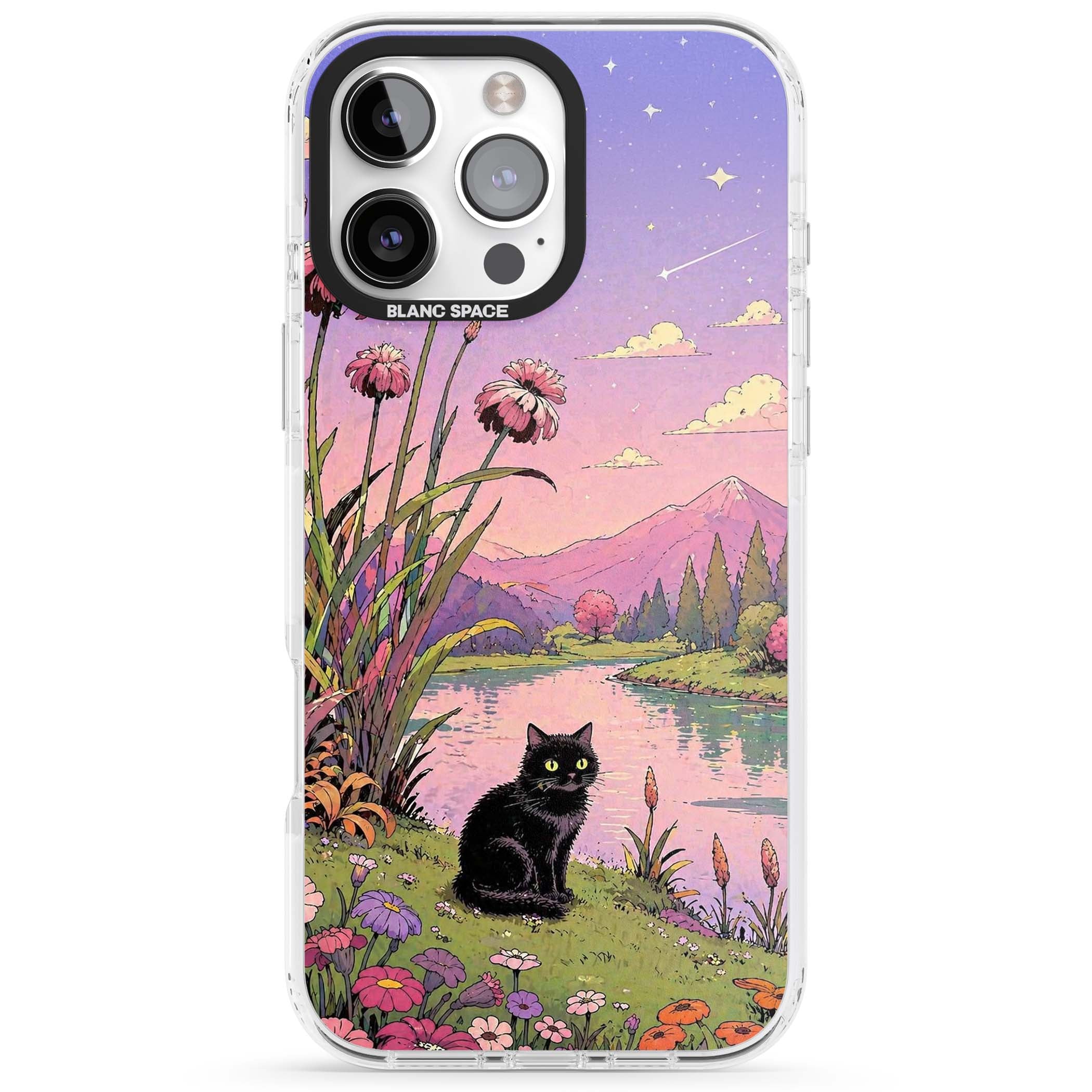 Mystic Whiskers ghibli iPhone case featuring a black cat by a pastel lake, wildflowers and a starry sunset sky | Clear Impact case for iPhone 16 Pro, iPhone 16 Pro Max