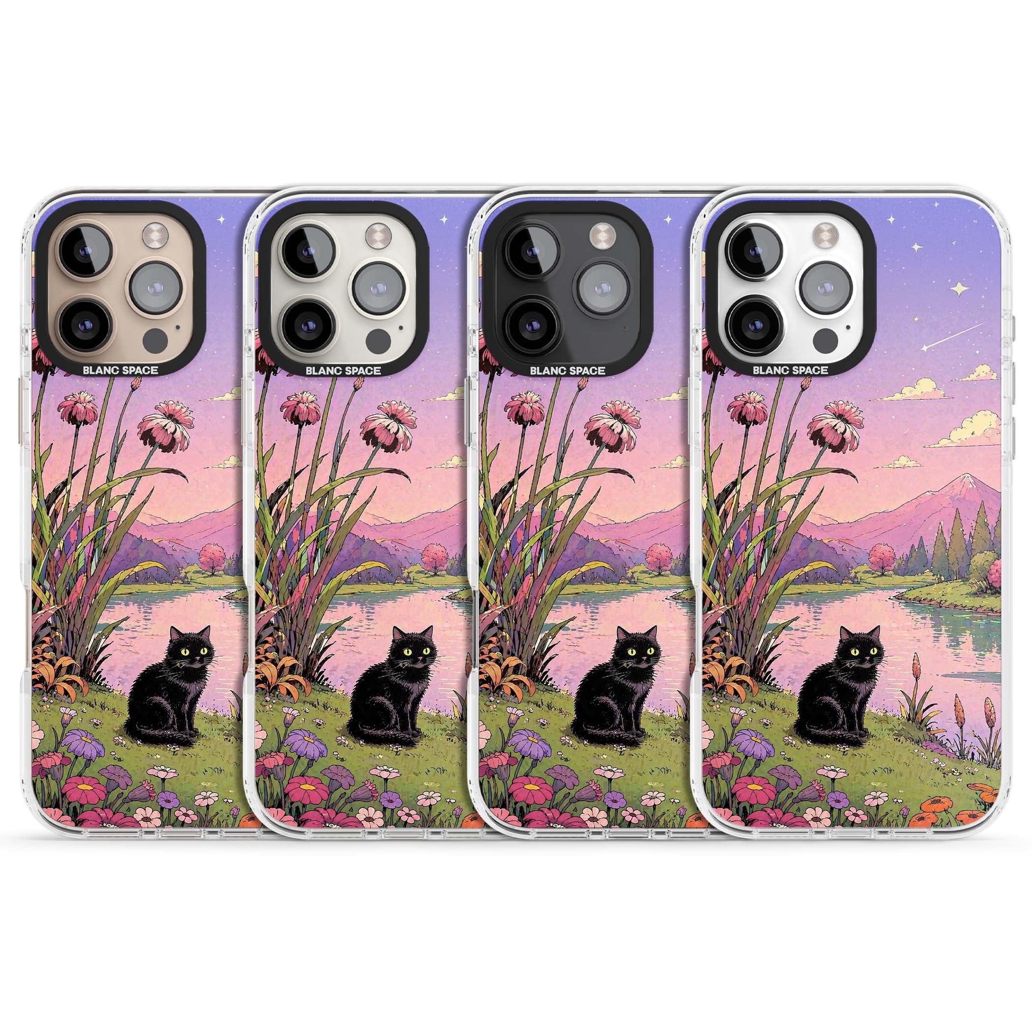 Mystic Whiskers ghibli iPhone case featuring a black cat by a pastel lake, wildflowers and a starry sunset sky | Clear Impact case for iPhone 16 Pro, iPhone 16 Pro Max
