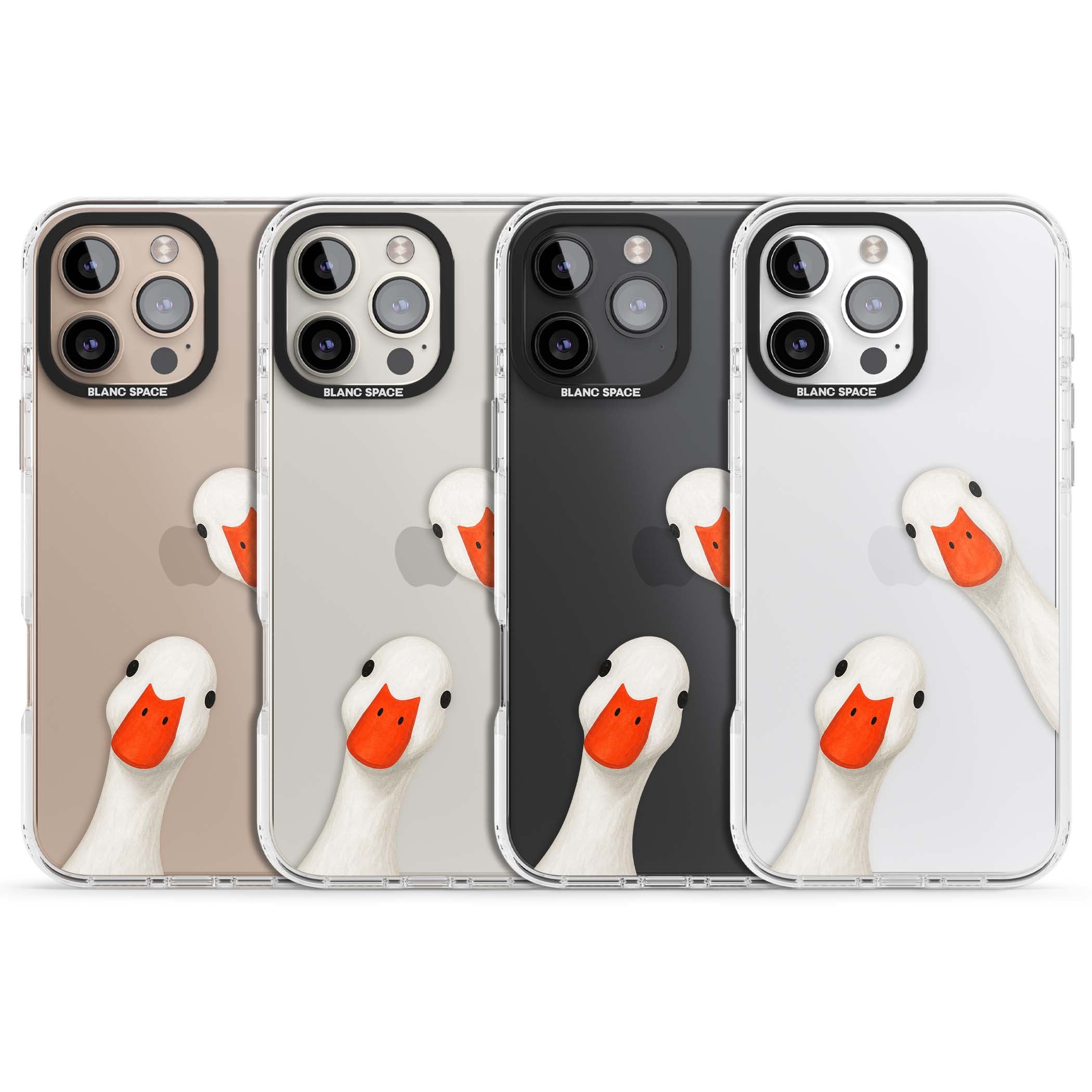 Nosy Ducks cottagecore iPhone case featuring two peeking white ducks with orange beaks on a clear background | Clear Impact case for iPhone 16 Pro, iPhone 16 Pro Max
