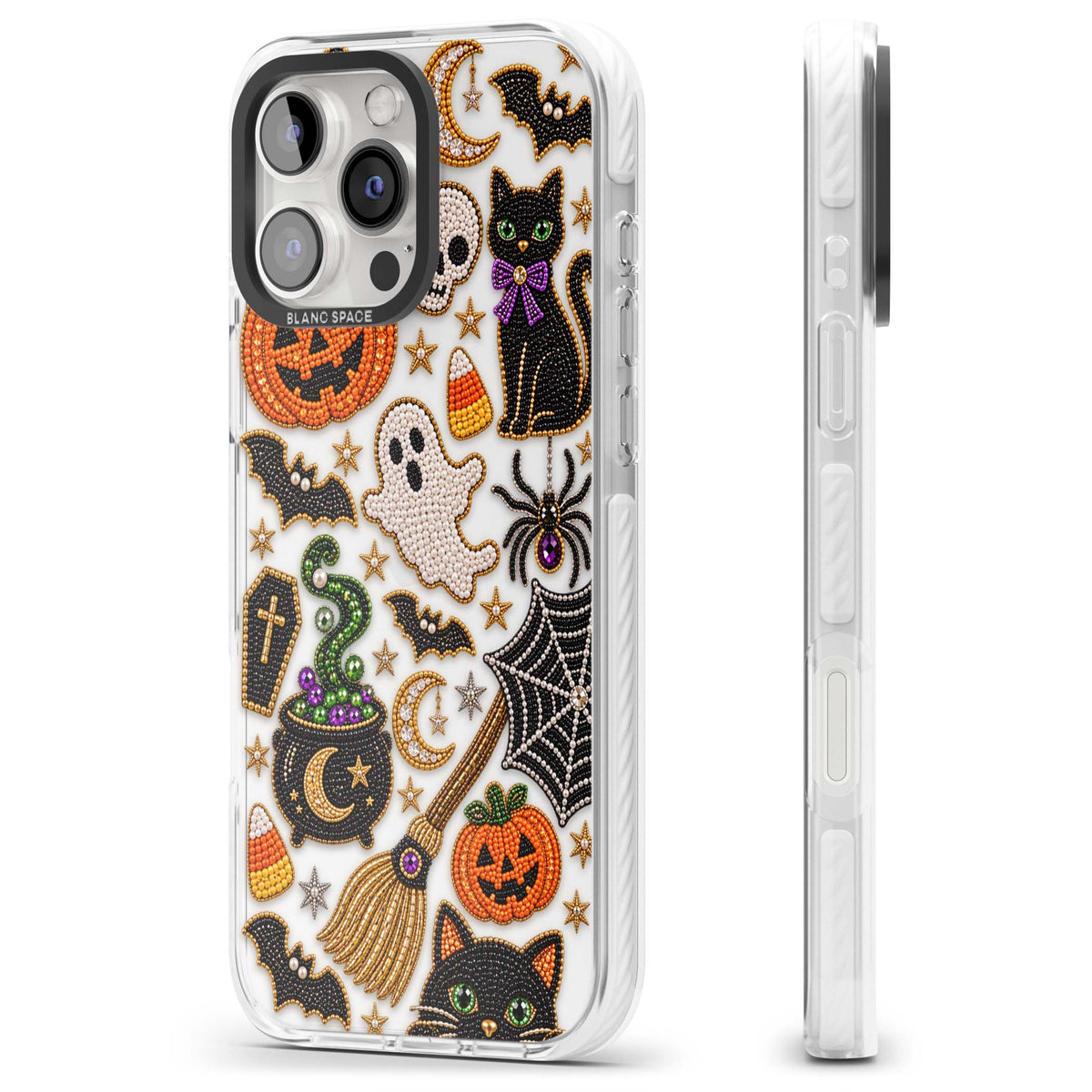 Beaded Halloween Halloween iPhone case featuring beaded pumpkins, ghosts, black cats and bats | Clear Impact case for iPhone 16 Pro, iPhone 16 Pro Max