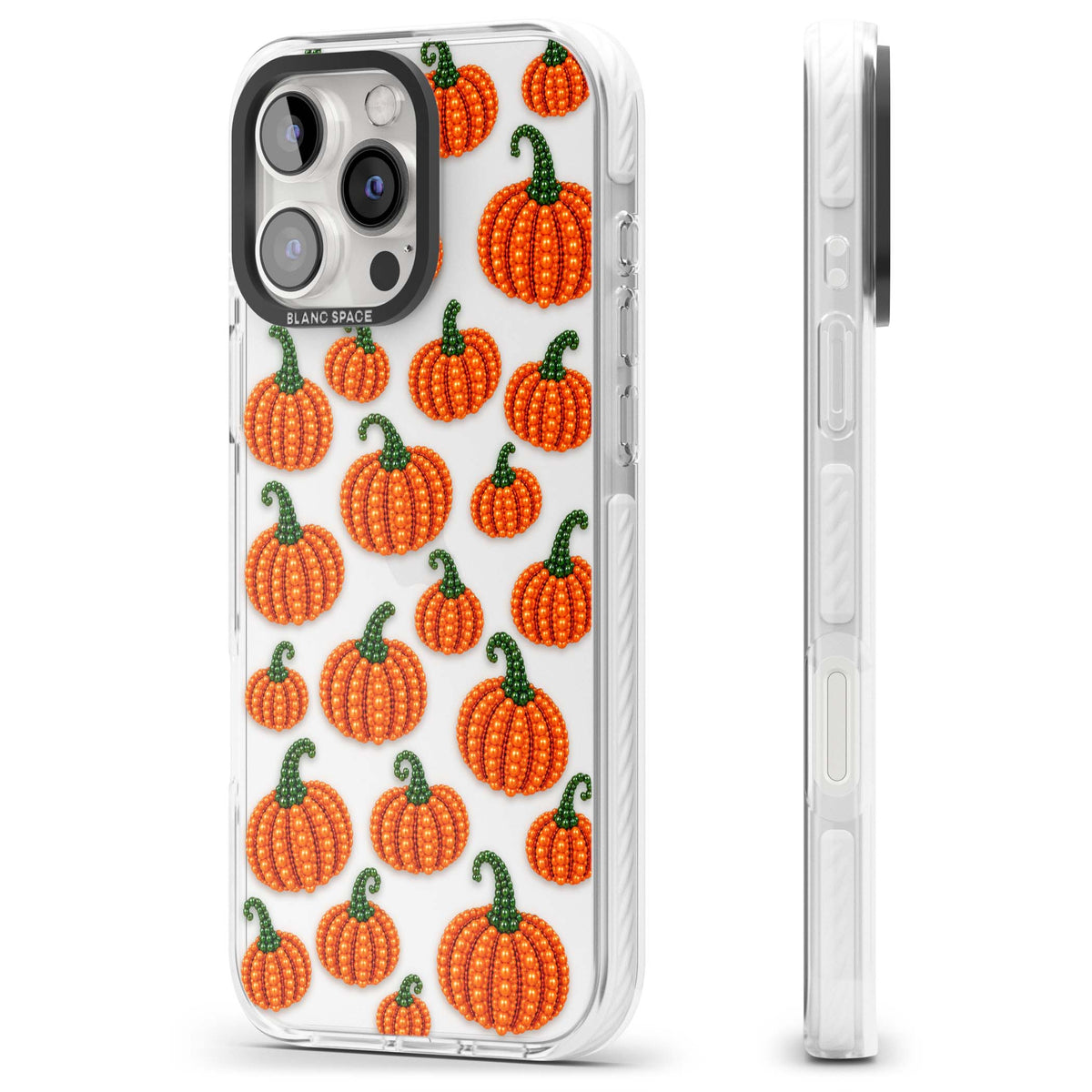 Beaded Pumpkins halloween iPhone case featuring beaded orange pumpkins with green stems on a clear background | Clear Impact case for iPhone 16 Pro, iPhone 16 Pro Max
