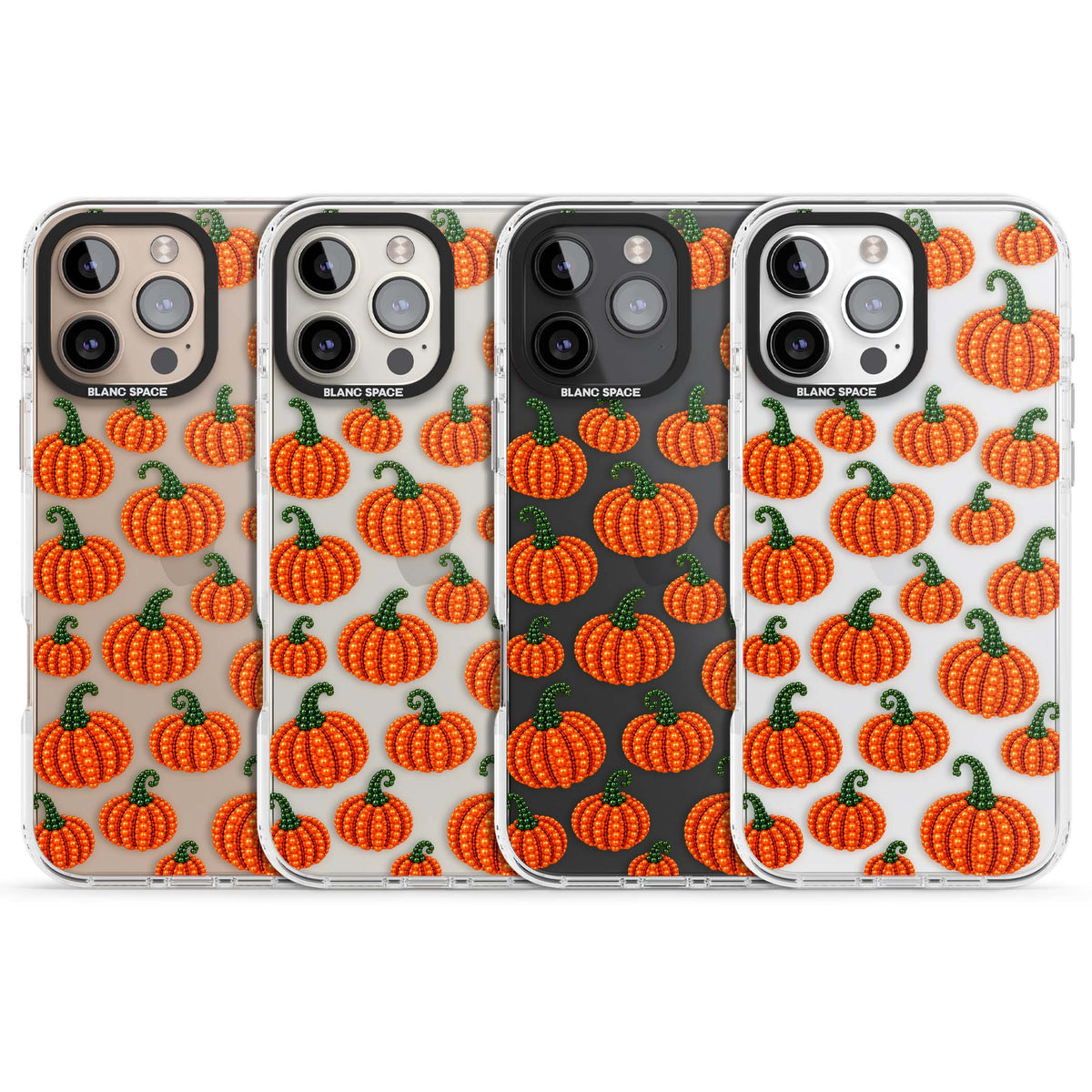 Beaded Pumpkins halloween iPhone case featuring beaded orange pumpkins with green stems on a clear background | Clear Impact case for iPhone 16 Pro, iPhone 16 Pro Max