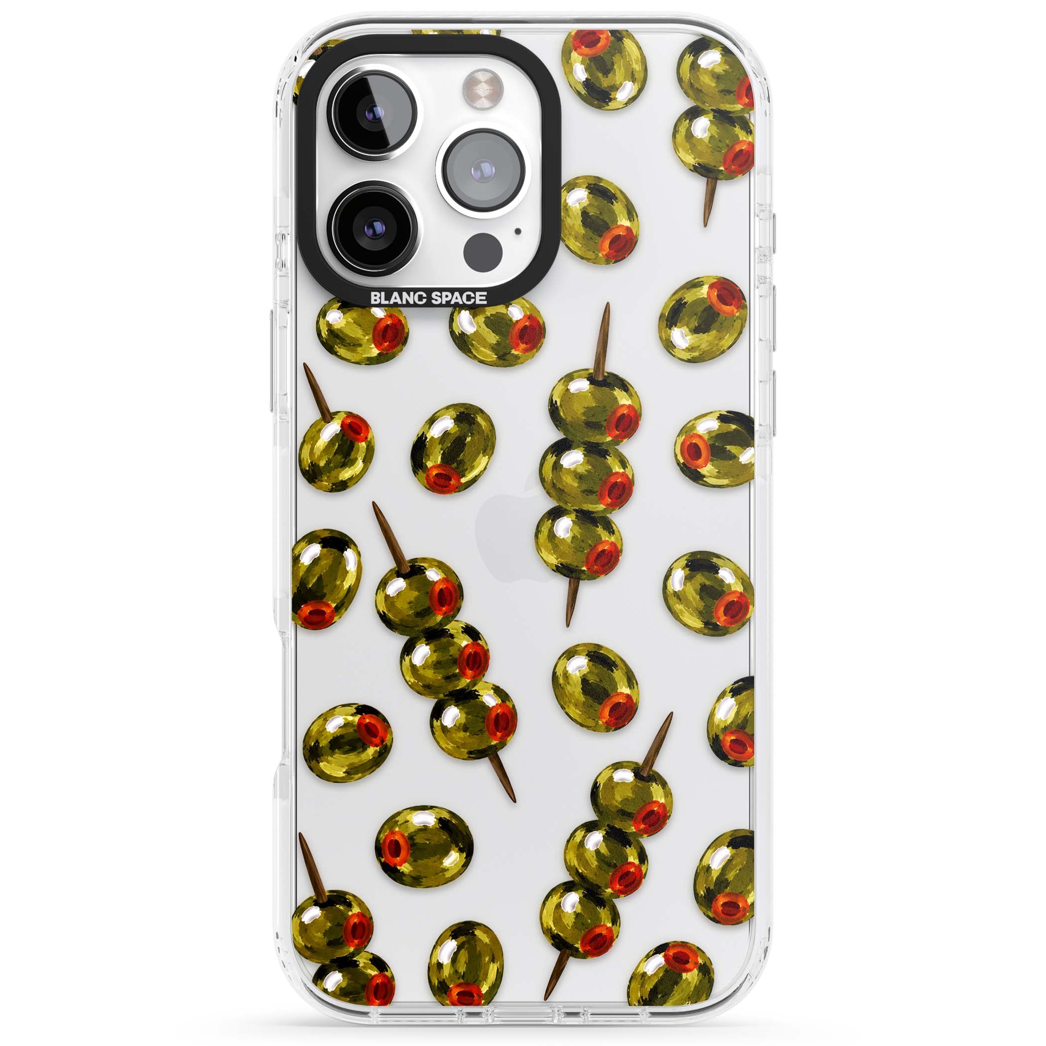 Painted Olives cocktail iPhone case featuring green olives, pimento centres and toothpick skewers on a clear background | Clear Impact case for iPhone 16 Pro, iPhone 16 Pro Max