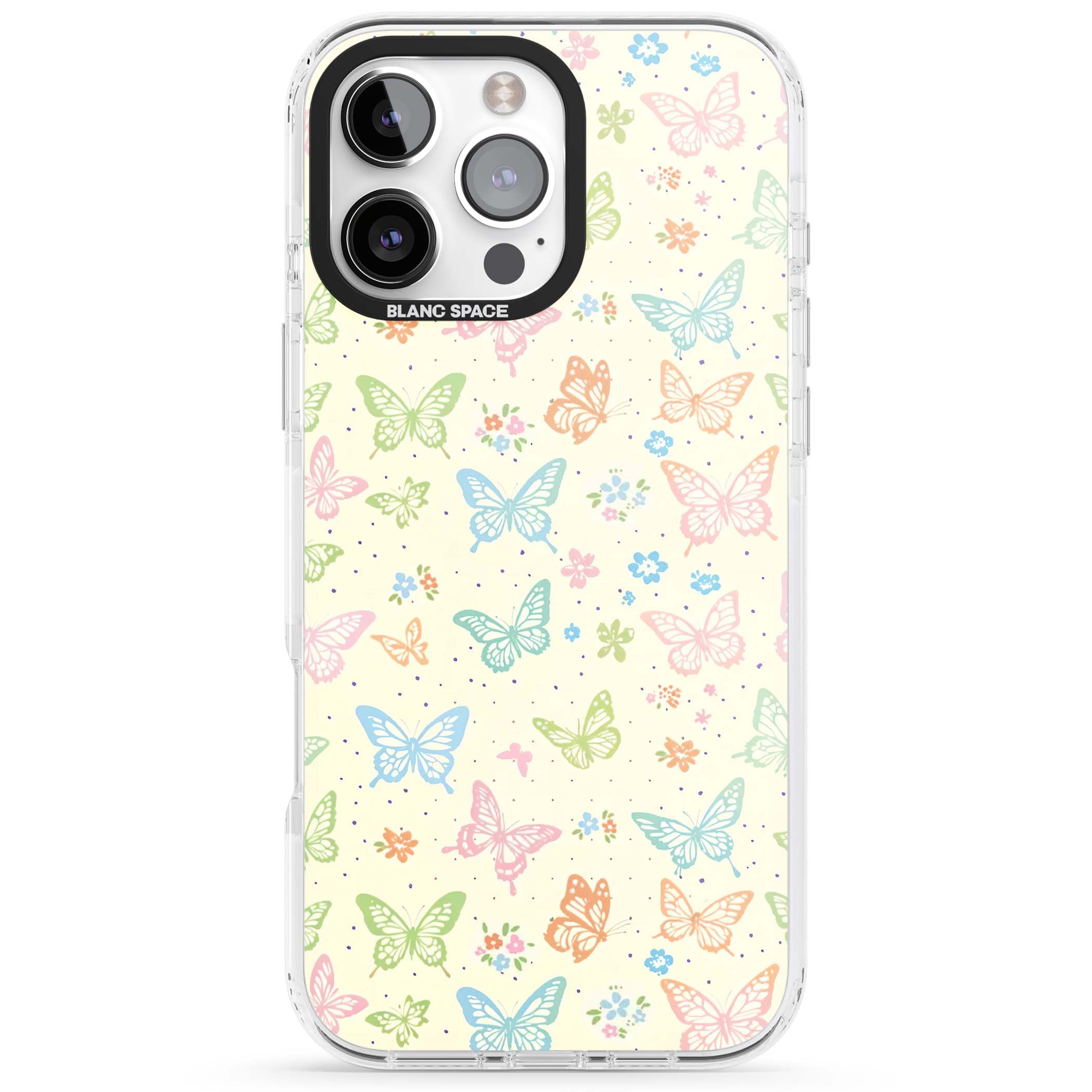 Sugar Wings cottagecore iPhone case featuring rainbow pastel butterflies, tiny wildflowers, and a cream background | Clear Impact case for iPhone 16 Pro, iPhone 16 Pro Max