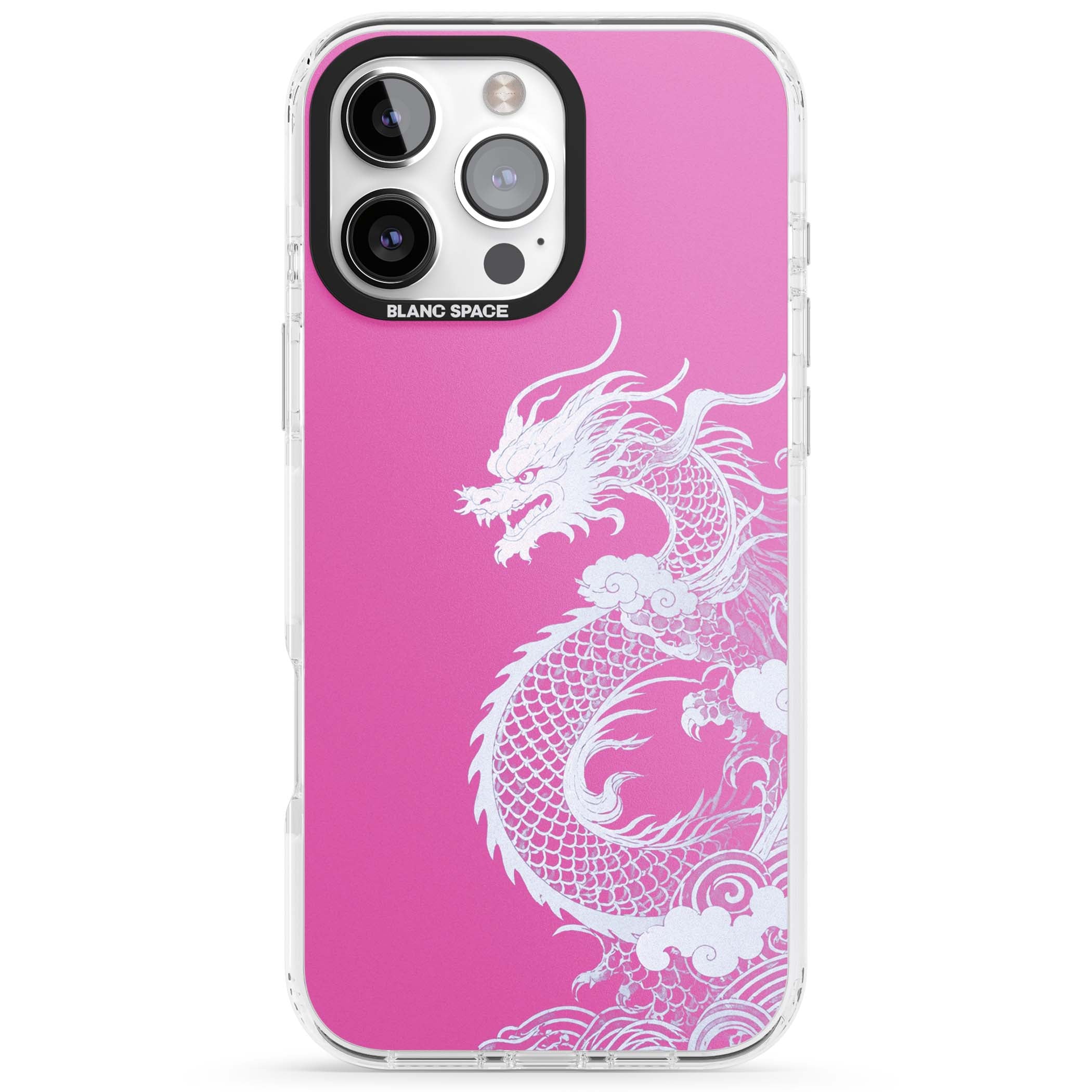 Pink Empress chinese dragon iPhone case featuring a white dragon, swirling clouds and pink dragon wallpaper backdrop | Clear Impact case for iPhone 16 Pro, iPhone 16 Pro Max